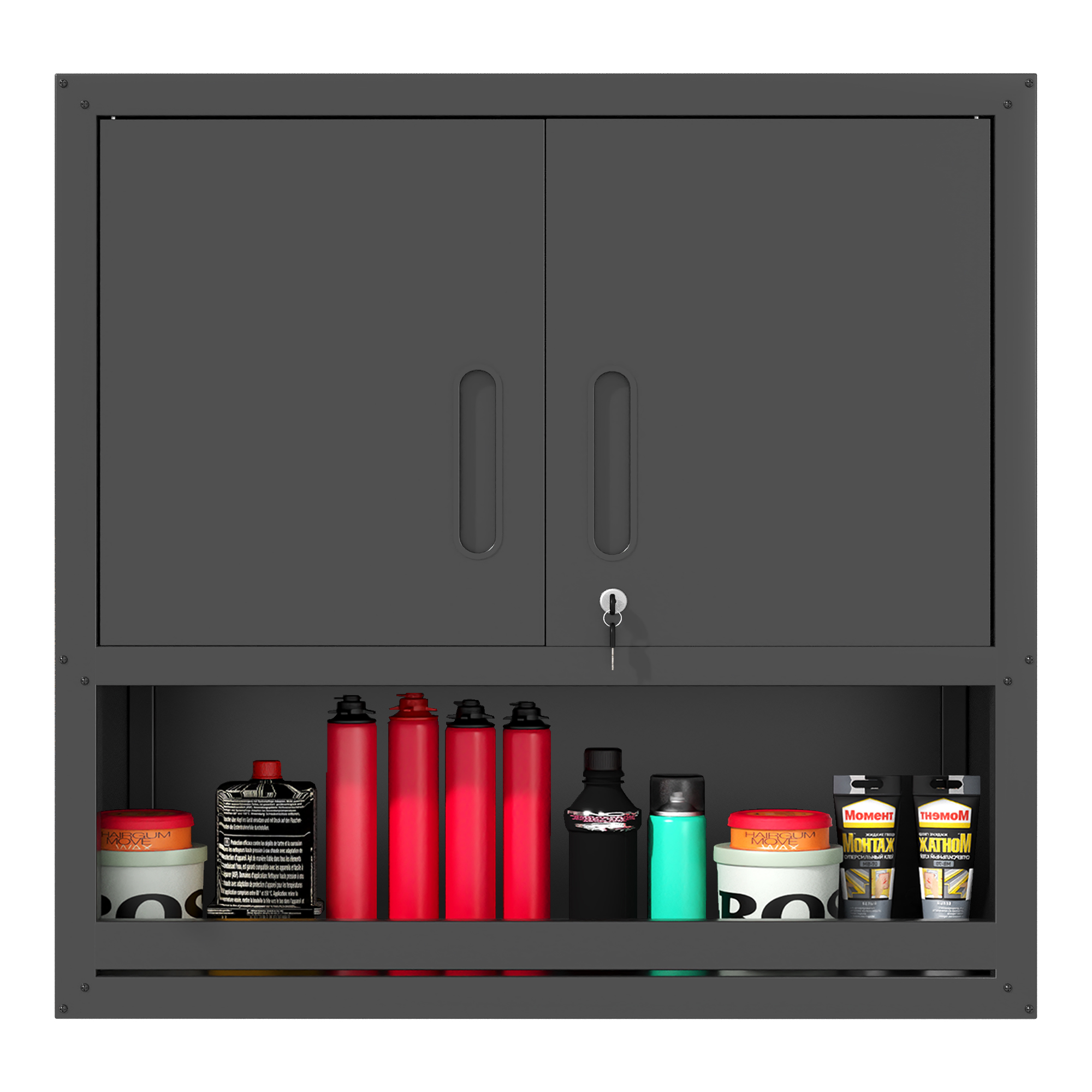 Armoire rangement murs métal verrou, 1 tiroir ouvert