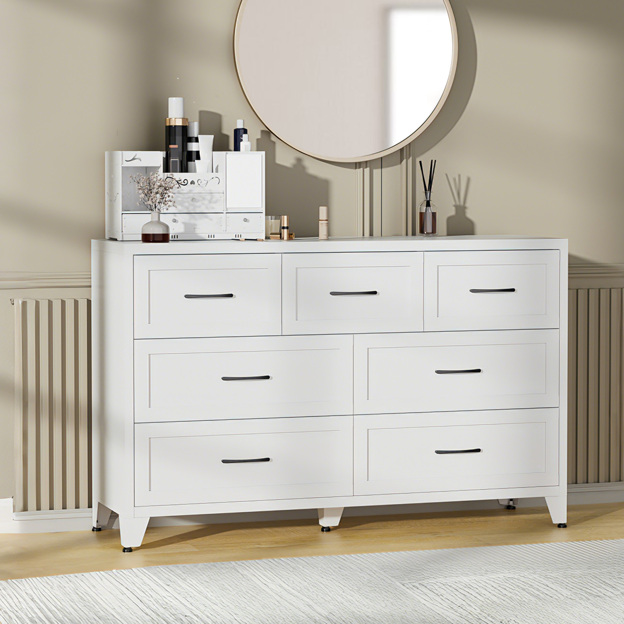 Commode 7 tiroirs profil bas, meuble rangement blanc métal