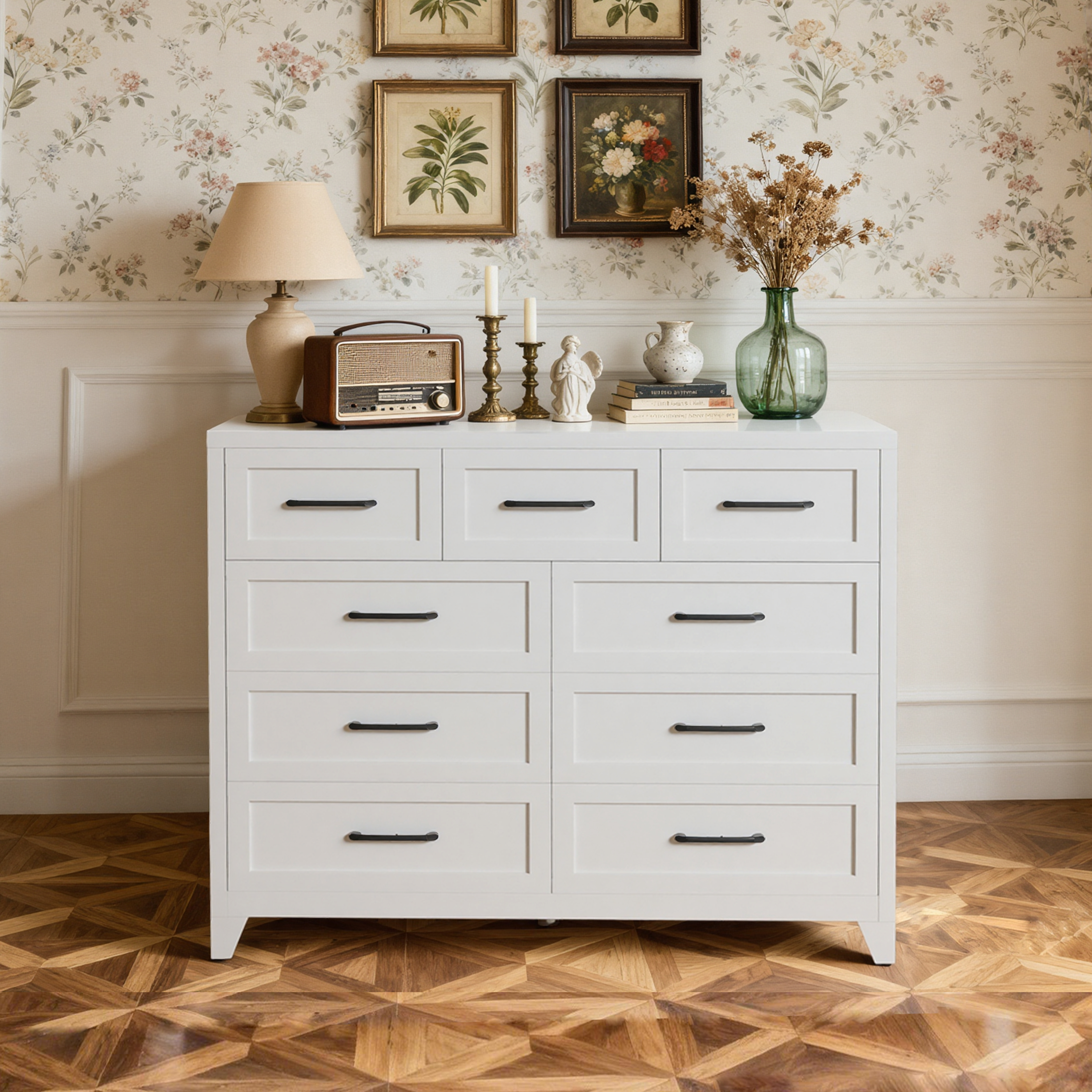 Commode 9 tiroirs acier blanc, haut 5 pieds