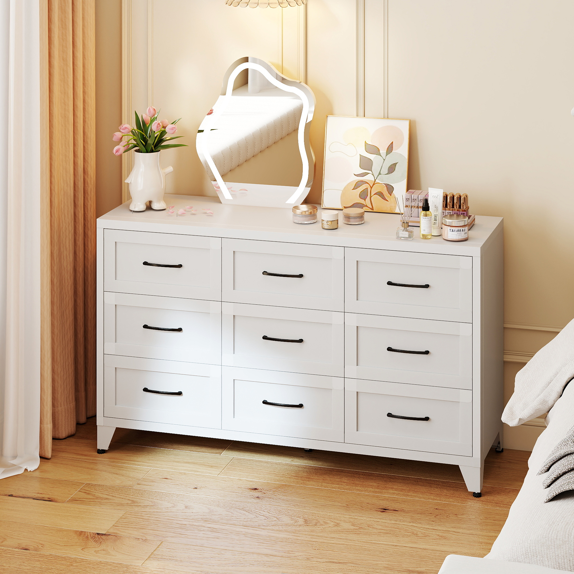 Commode 9 tiroirs chambre, profil métal blanc, rails silencieux, rangement