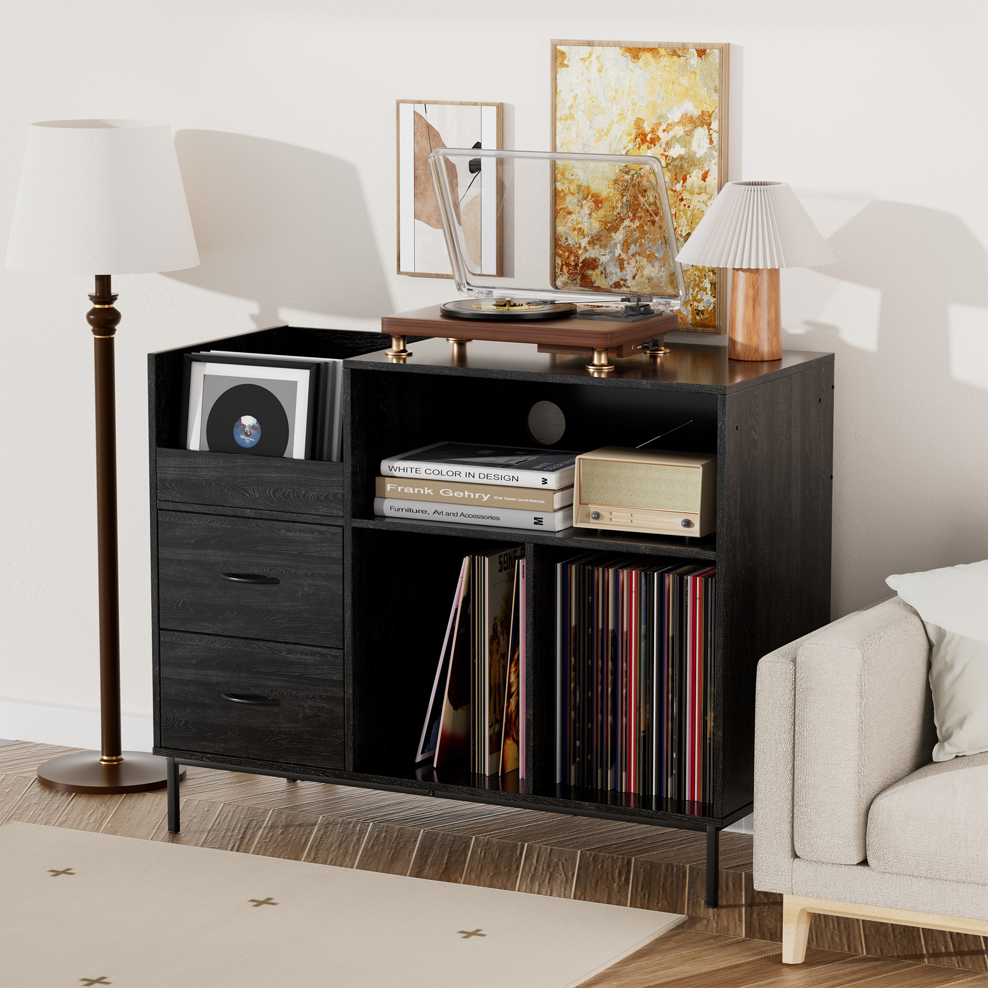 Meuble rangement vinyle bois tiroirs noir électrique