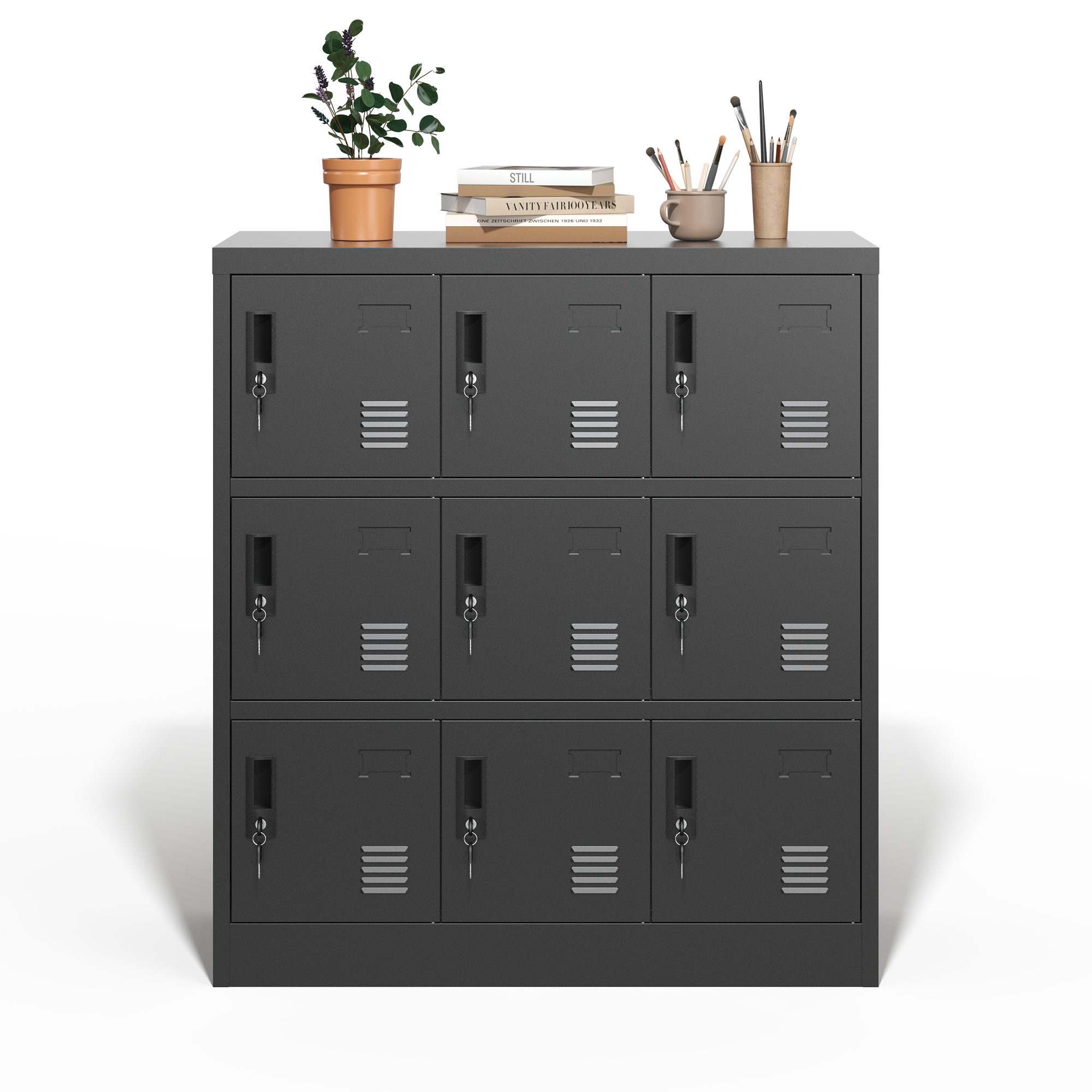Casier employé 9 portes métal, bureau gym école, fente carte, noir
