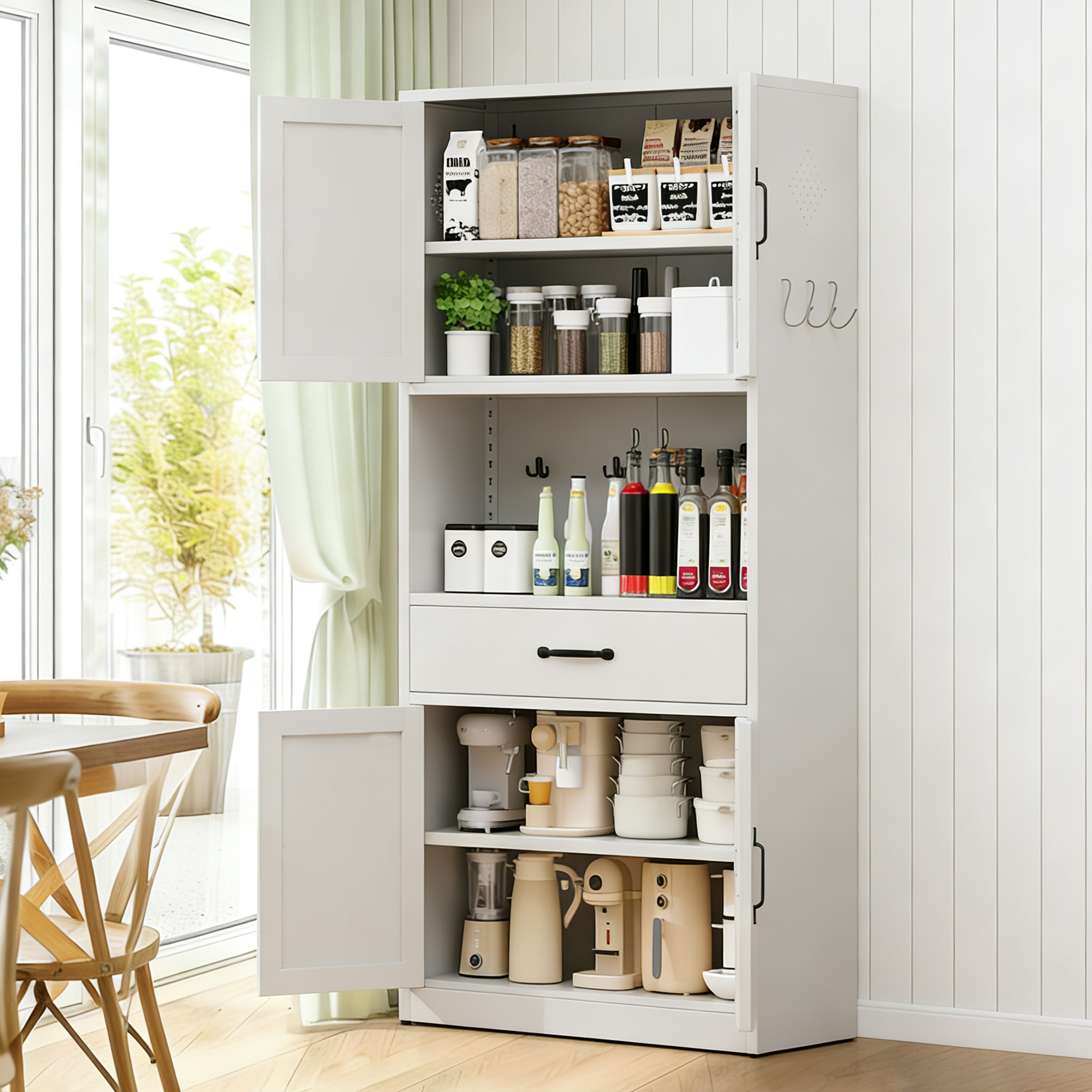 Armoire pantry 71", acier blanc, comptoir, tablettes