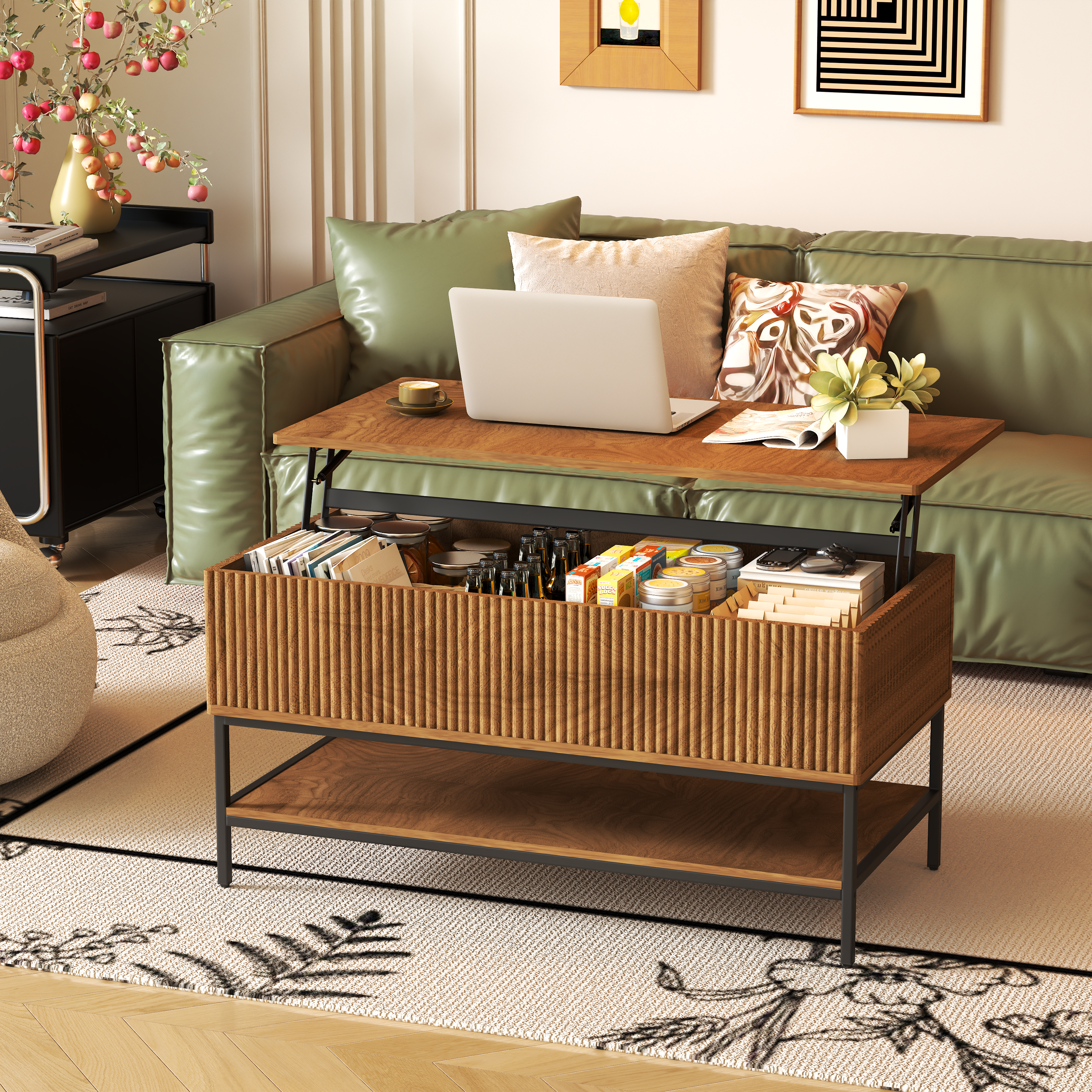 Table basse relevable 39,4 po, style ferme, rangement caché