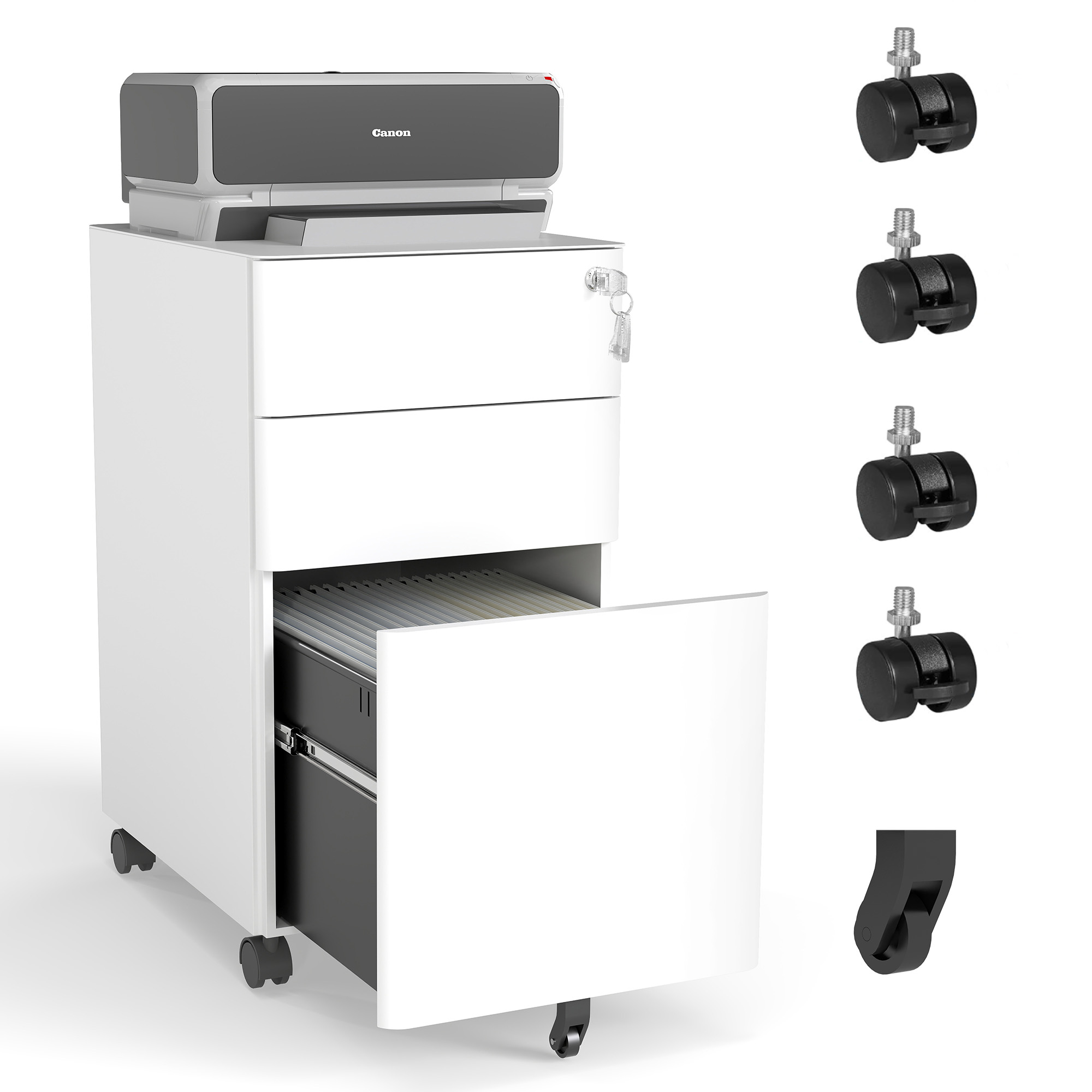Classeur mobile 3 tiroirs avec verrou, acier, roues, blanc, 110 lb