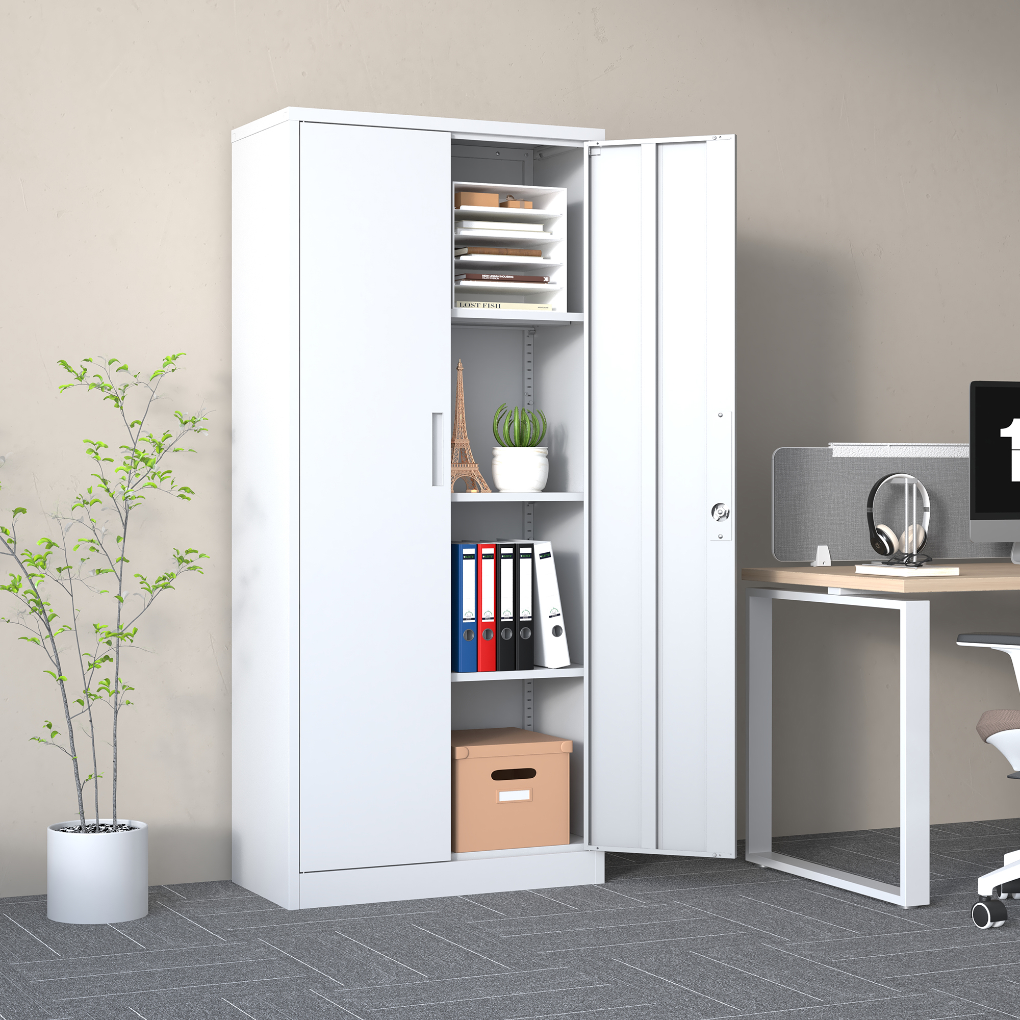 Armoire rangement garage métal 71" 3 tablettes blanc verrouillable