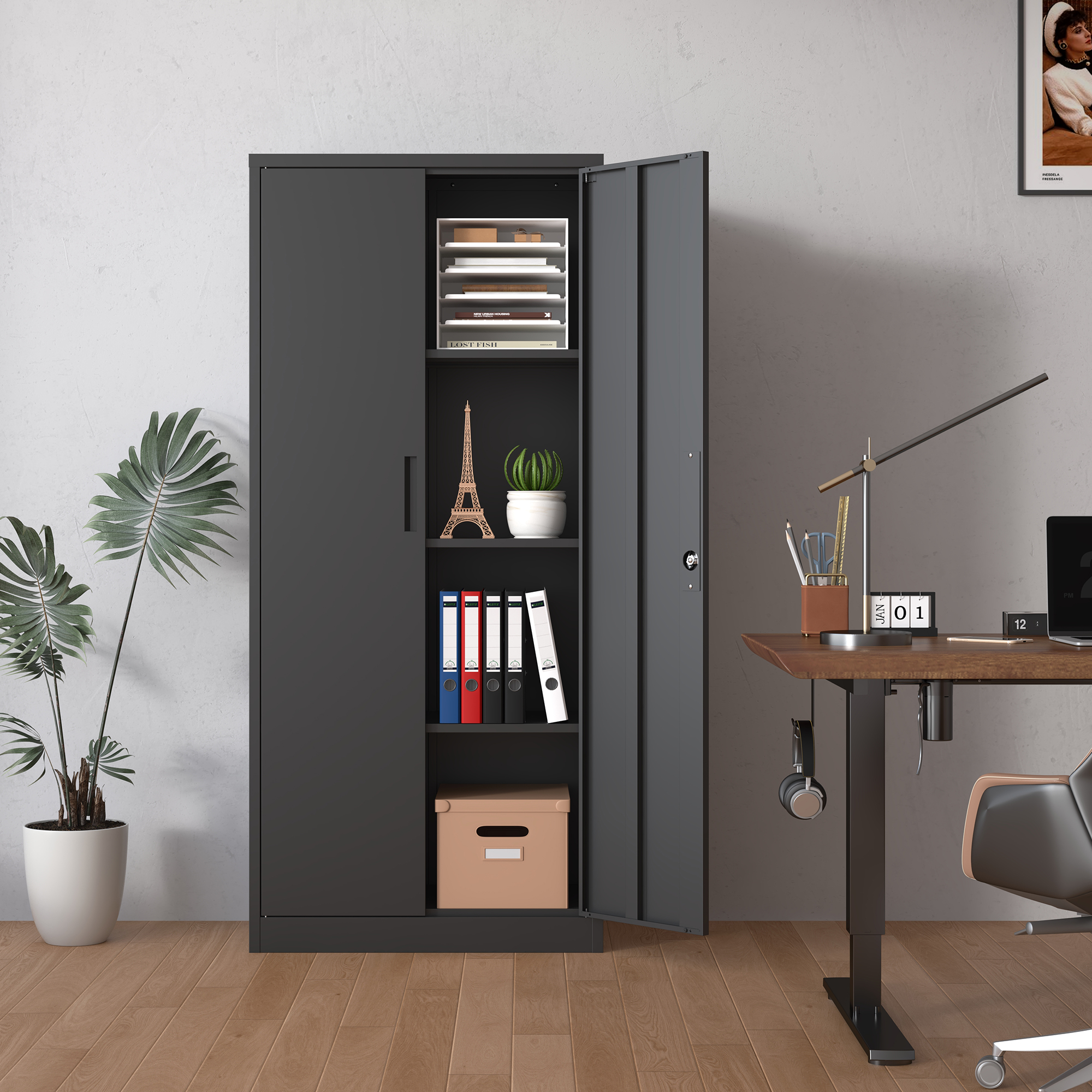 Armoire garage métal 71 po, acier noir, 3 tablettes, serrure