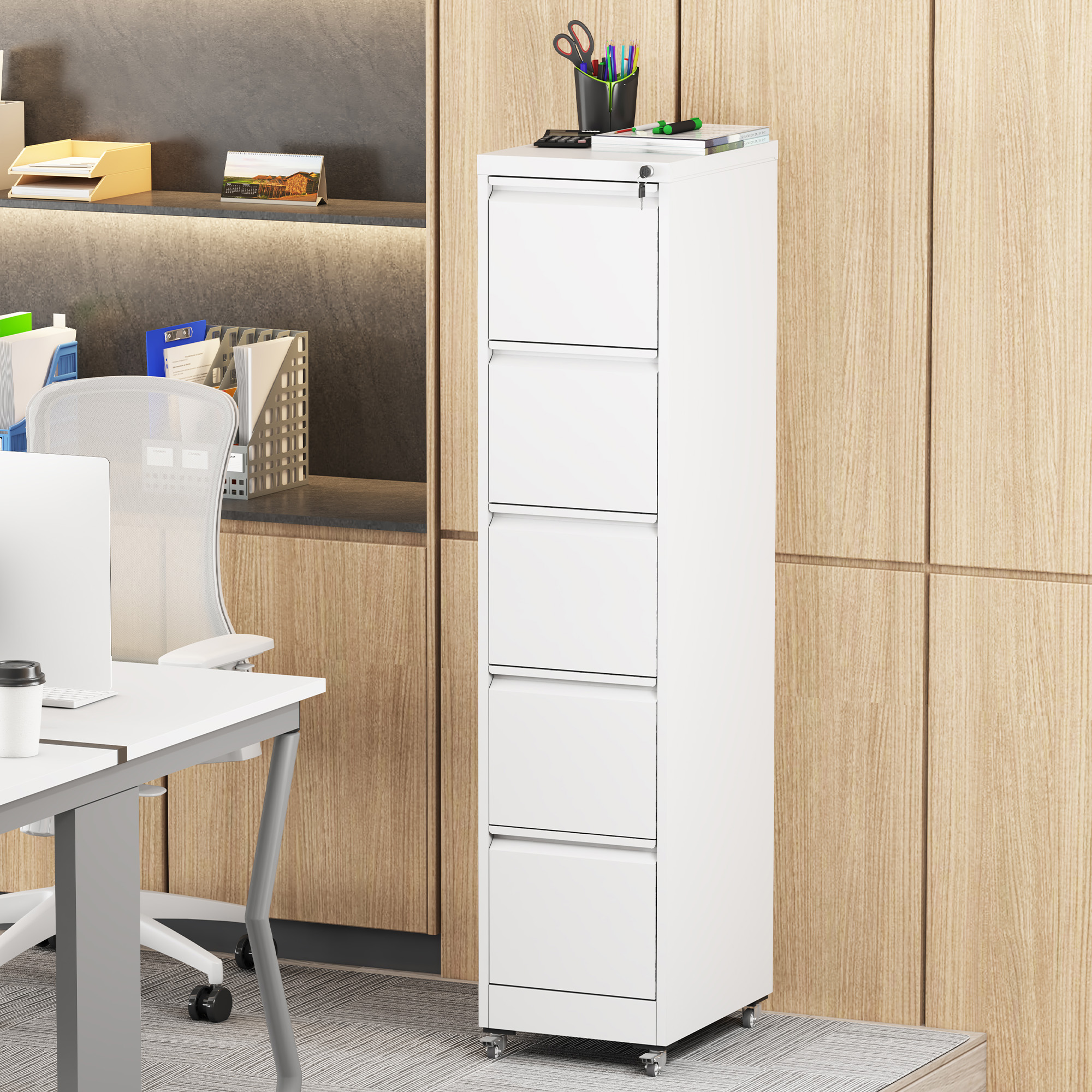 Classeur vertical métal 5 tiroirs, serrure, roulettes, blanc 64,17 po H