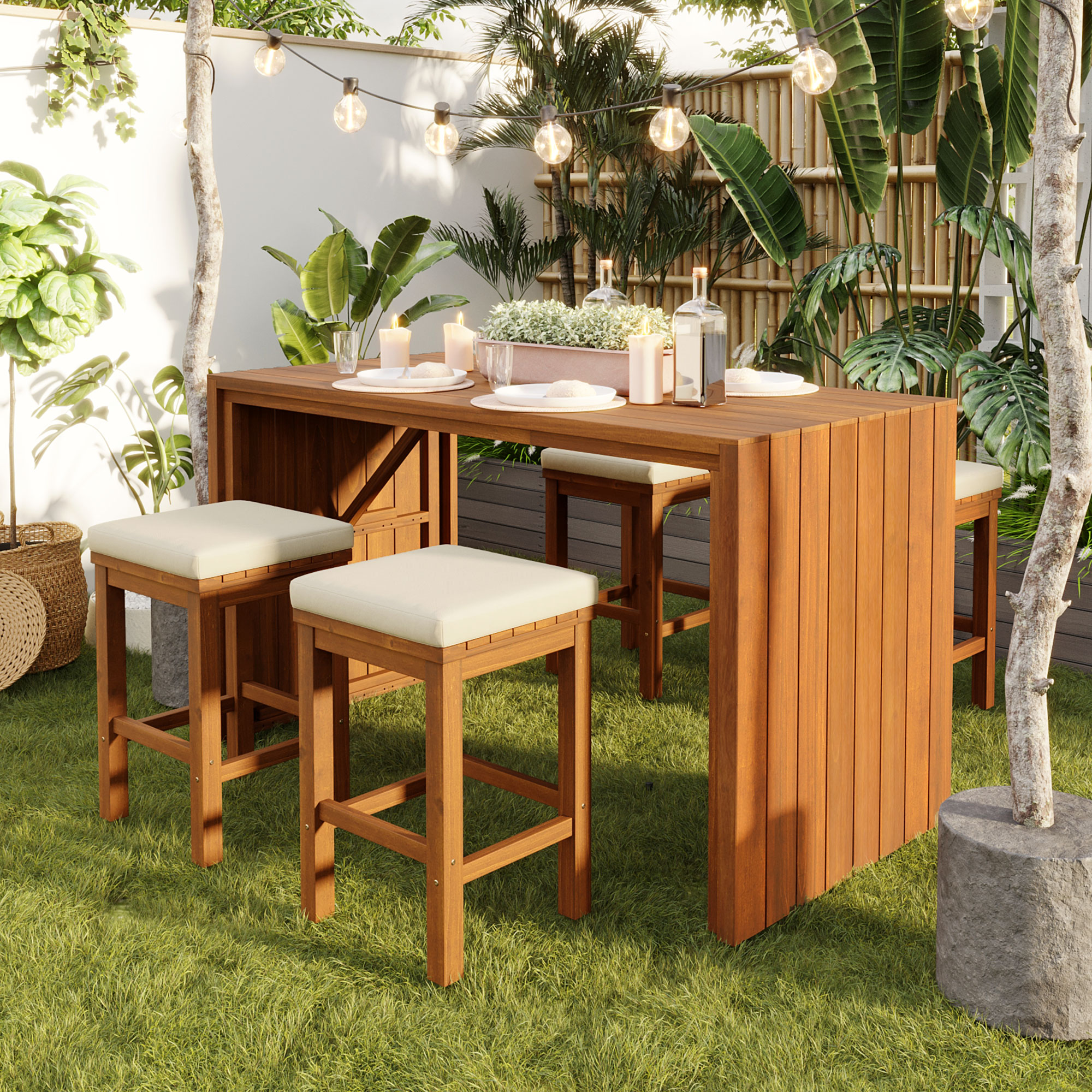 Ensemble bar 5 pcs bois acacia 4 tabourets coussins beige