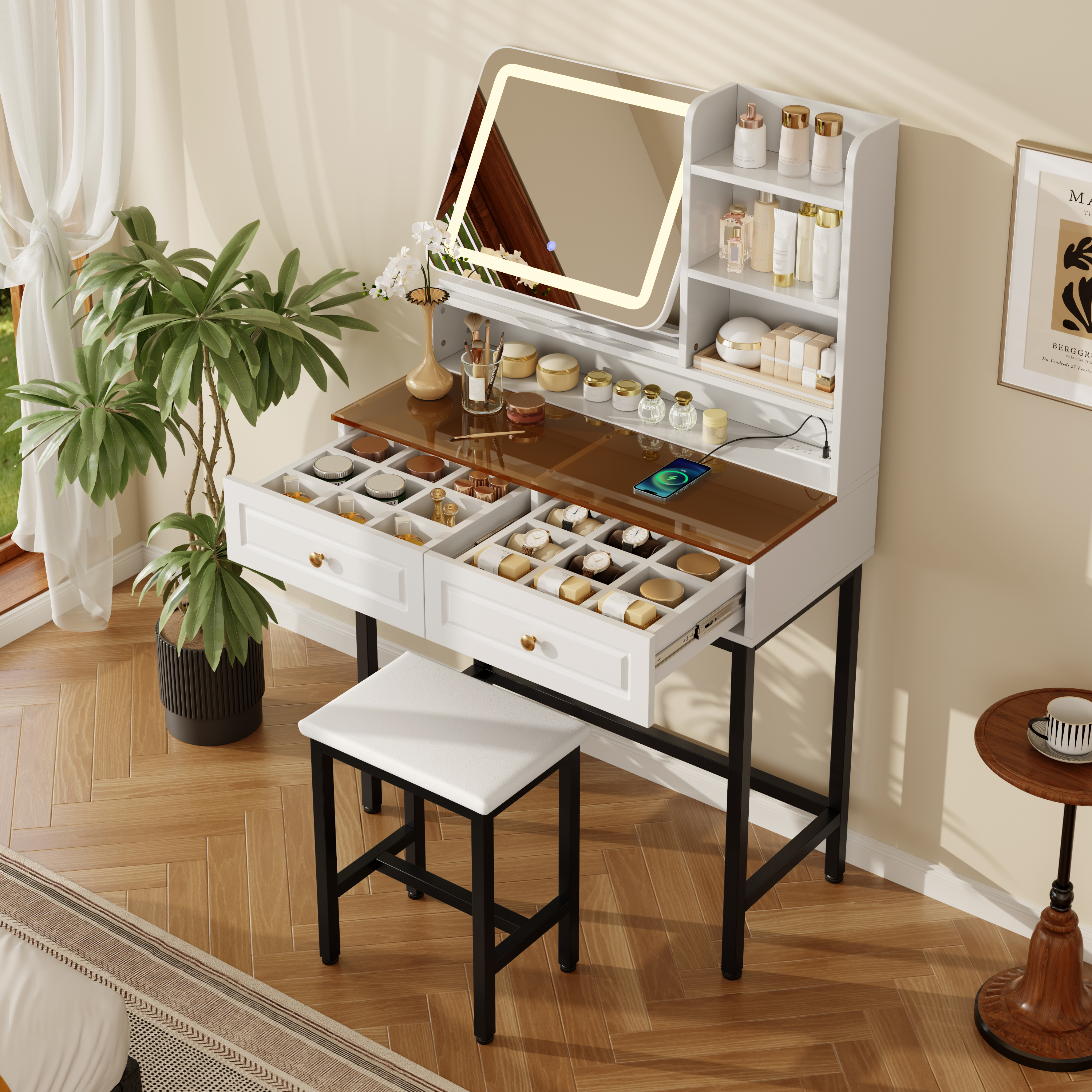 Vanité maquillage miroir DEL 360° tiroirs outlet