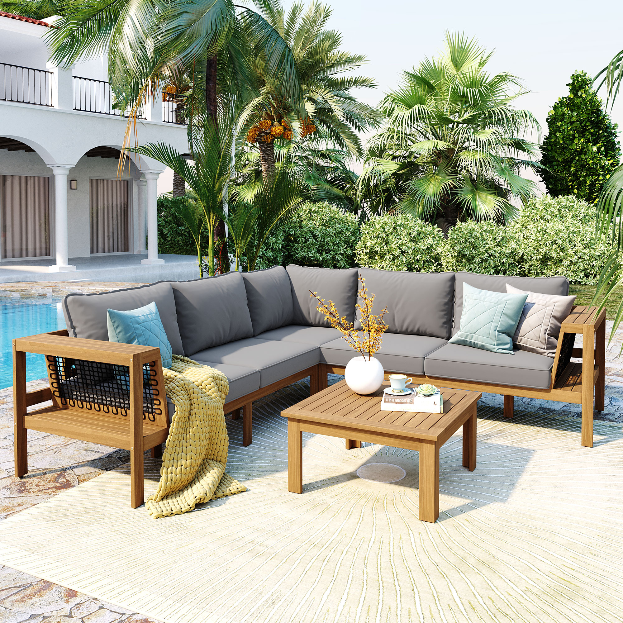 Ensemble canapé extérieur acacia 4 pièces gris coussins