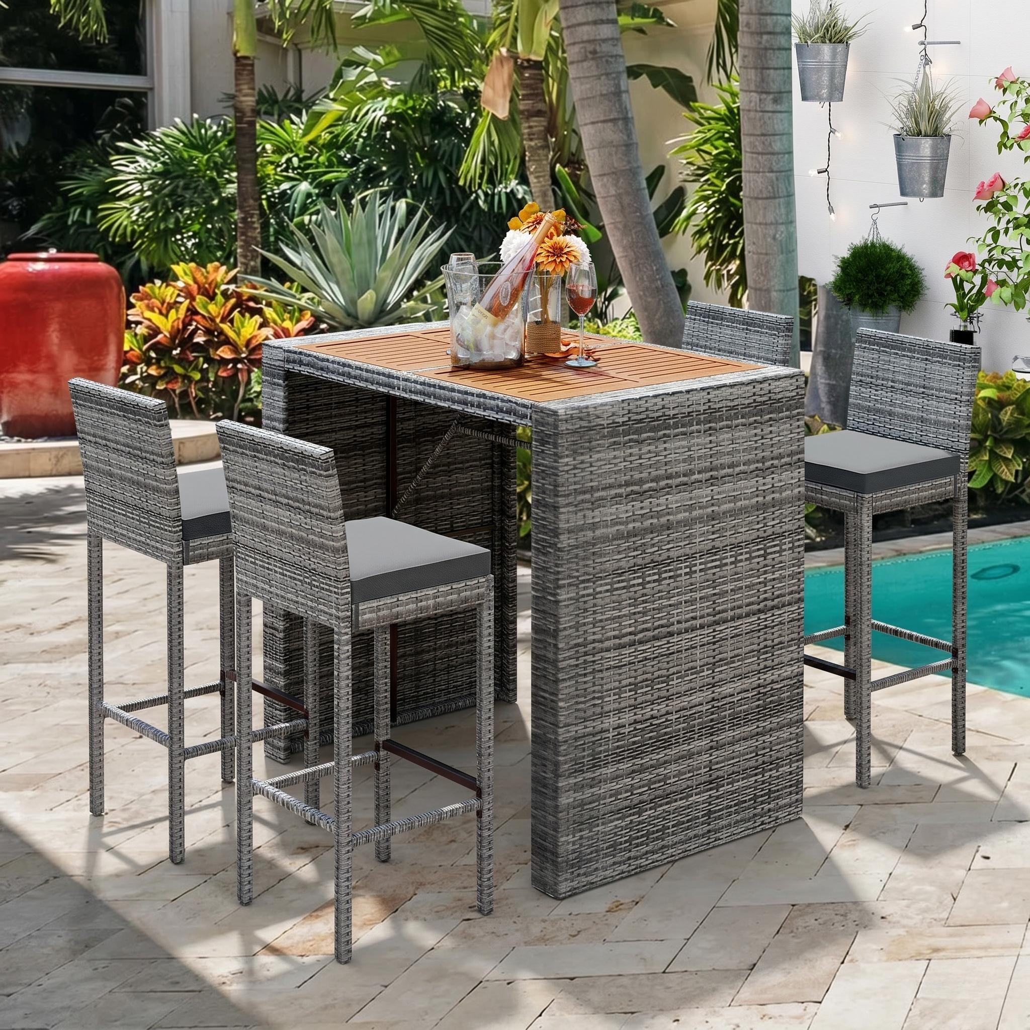 Ensemble bar extérieur GO 5 pièces, chaises rotin, bois acacia gris