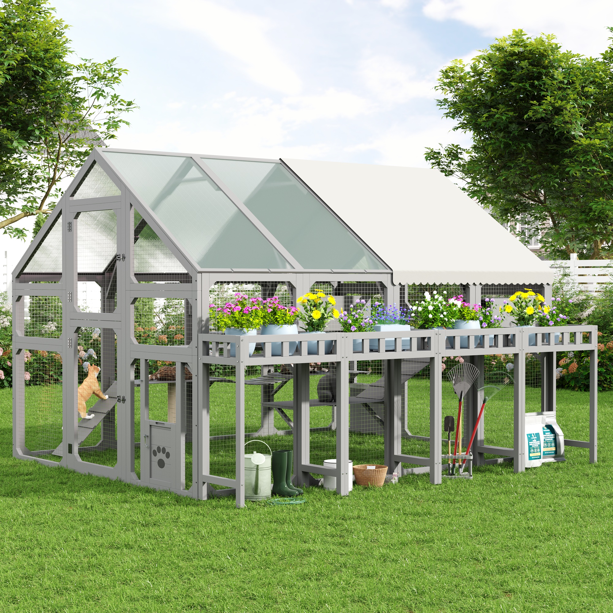 Grande maison chat extérieure avec jardinière, enclos bois gris