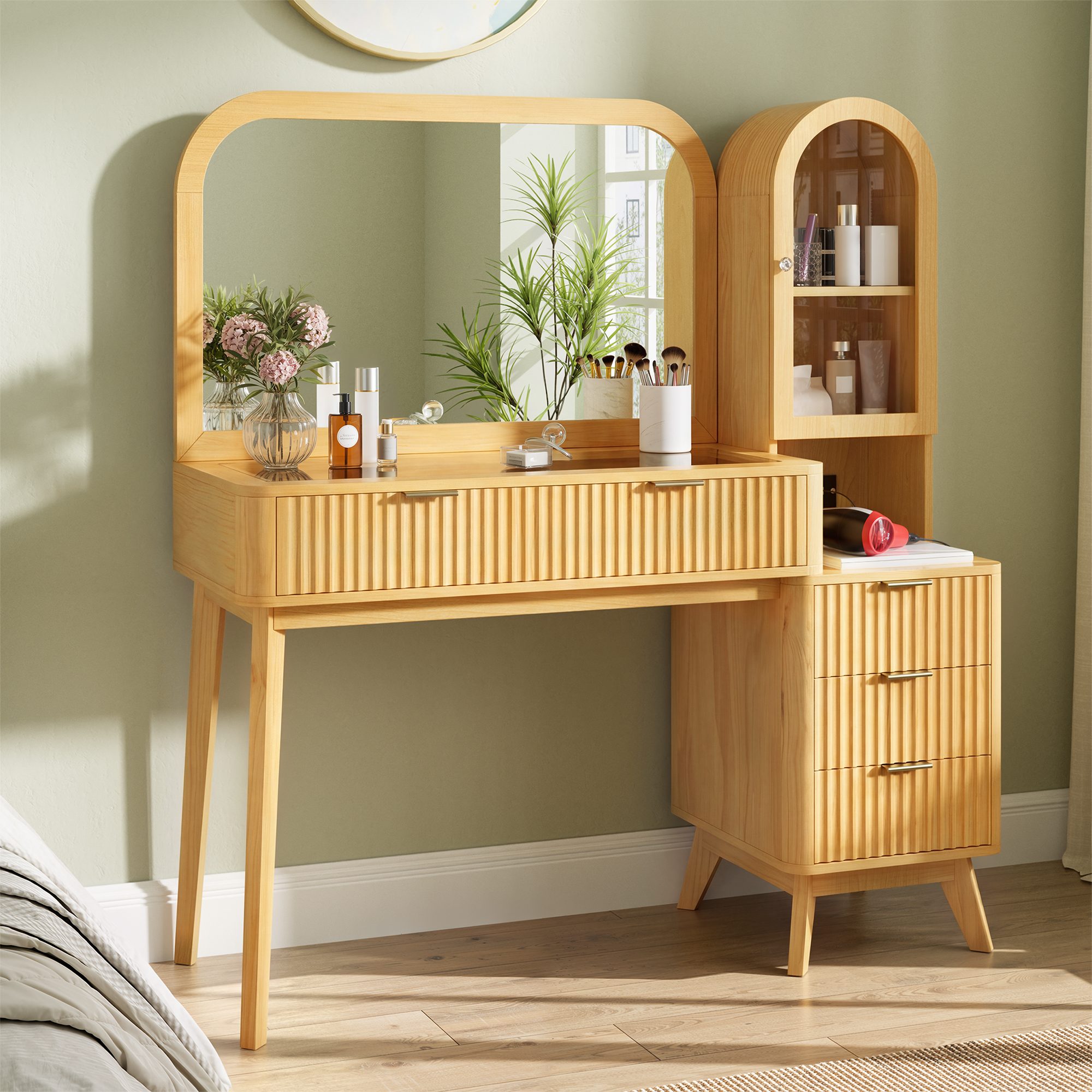 Vanité maquillage 48po, miroir 32po, 4 tiroirs, station charge