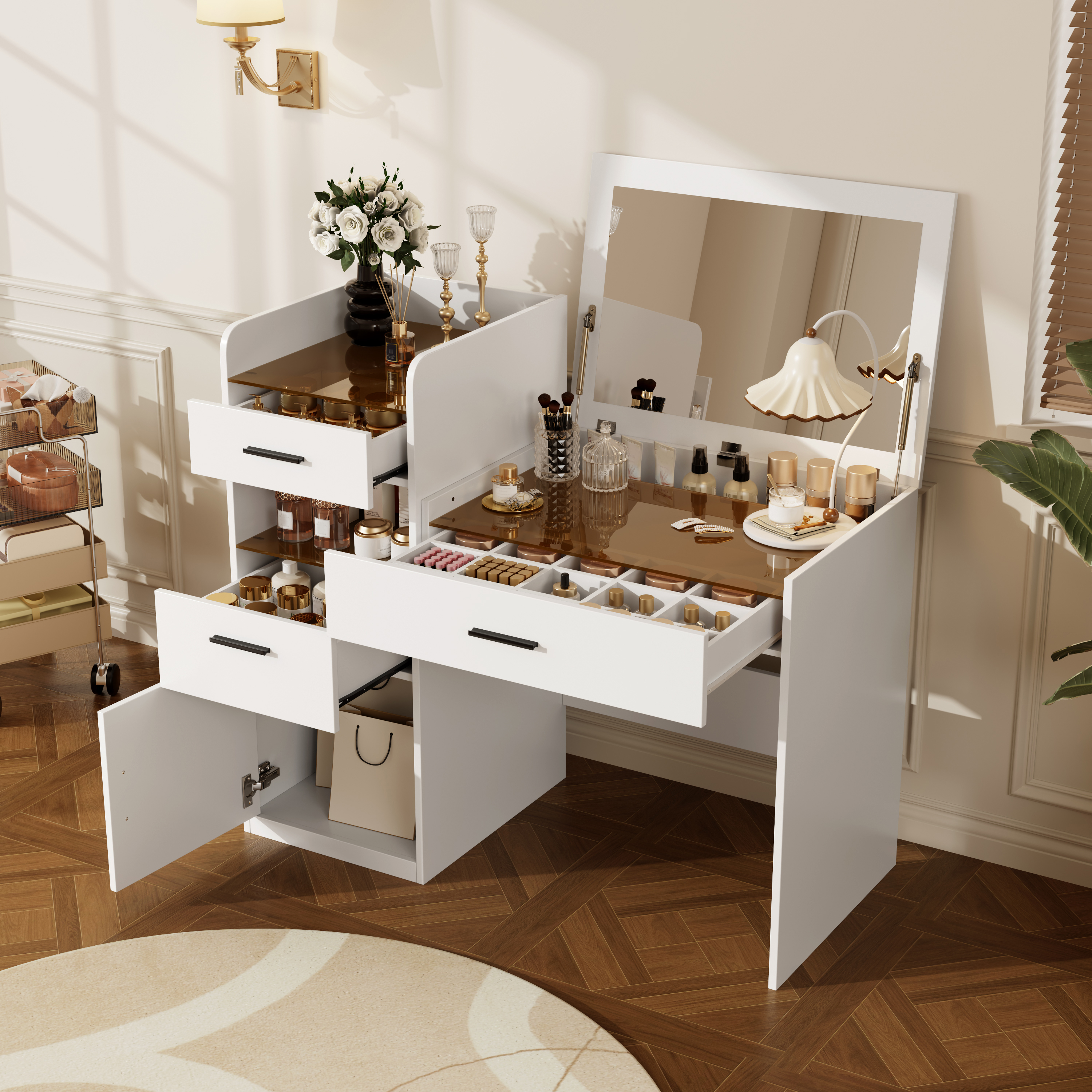 Vanité 3 en 1, miroir rabattable, 3 tiroirs, blanc