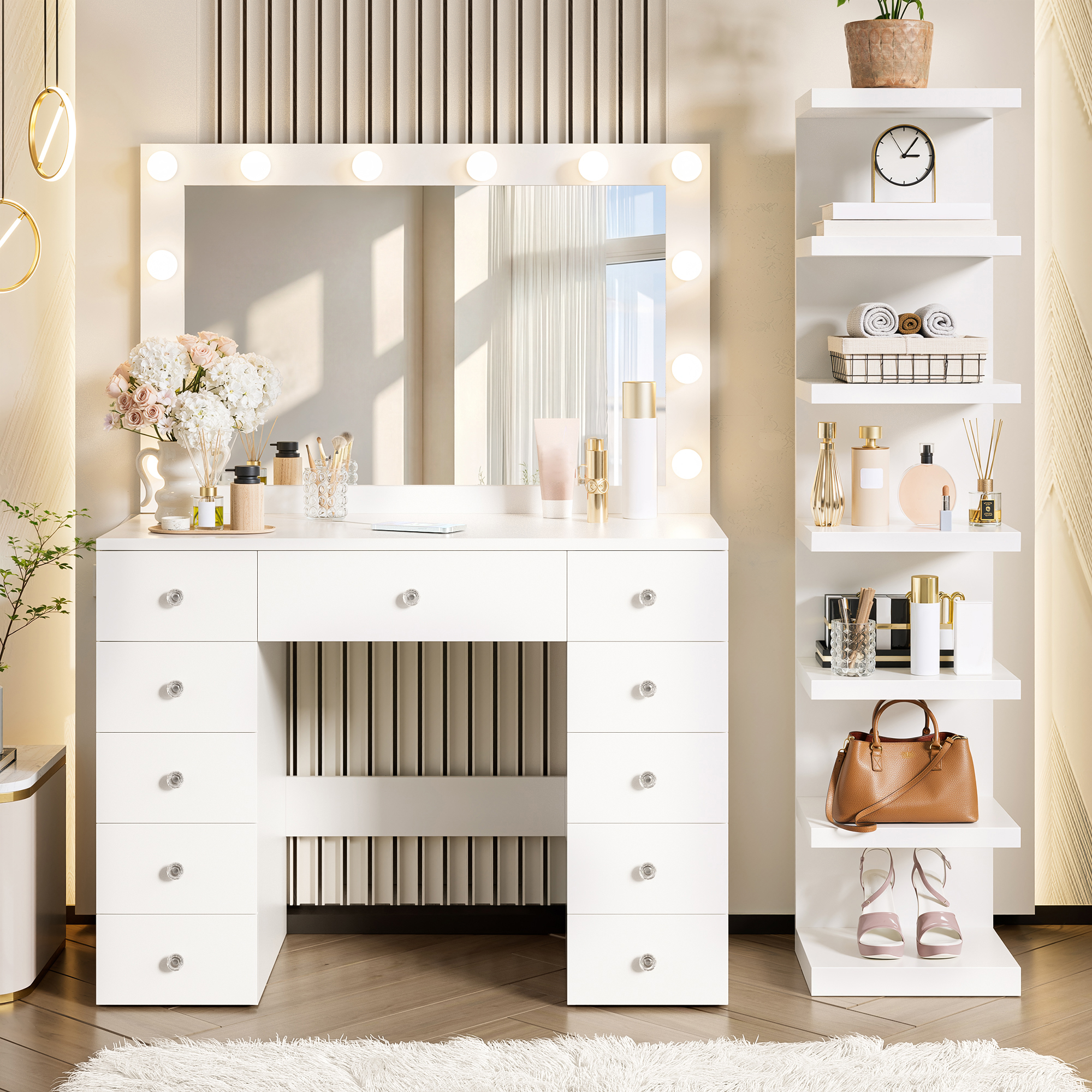 Vanité maquillage 11 ampoules 11 tiroirs blanc