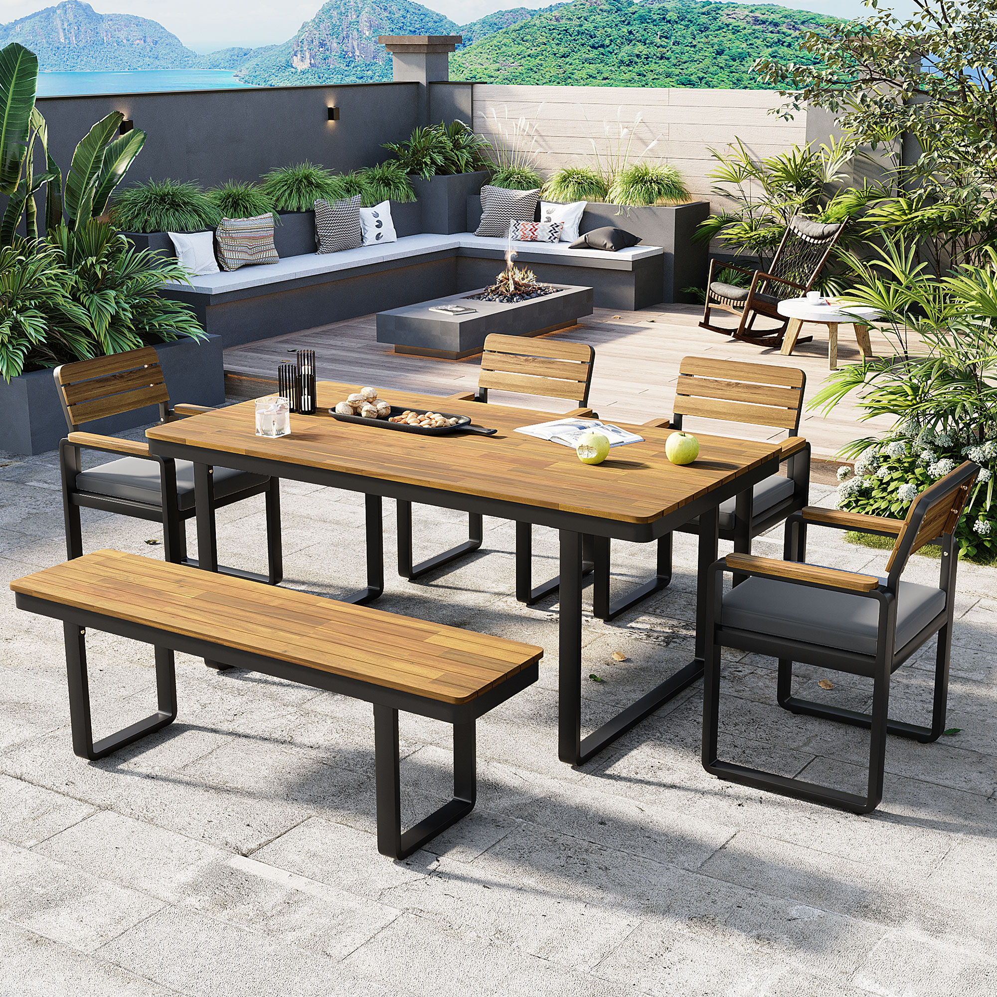 Ensemble patio 6 pièces acacia 6-7 pers coussins confort