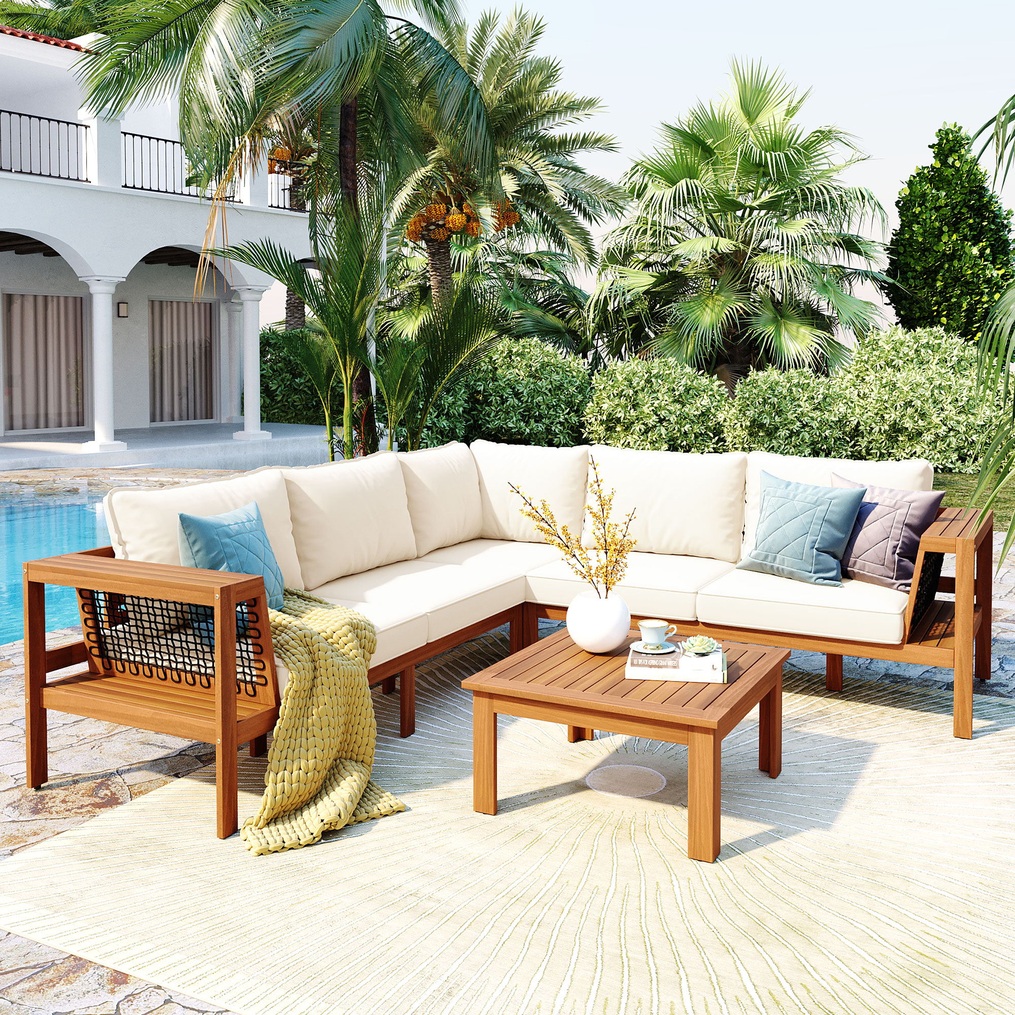 Ensemble patio 4 pcs acacia bois forme L beige