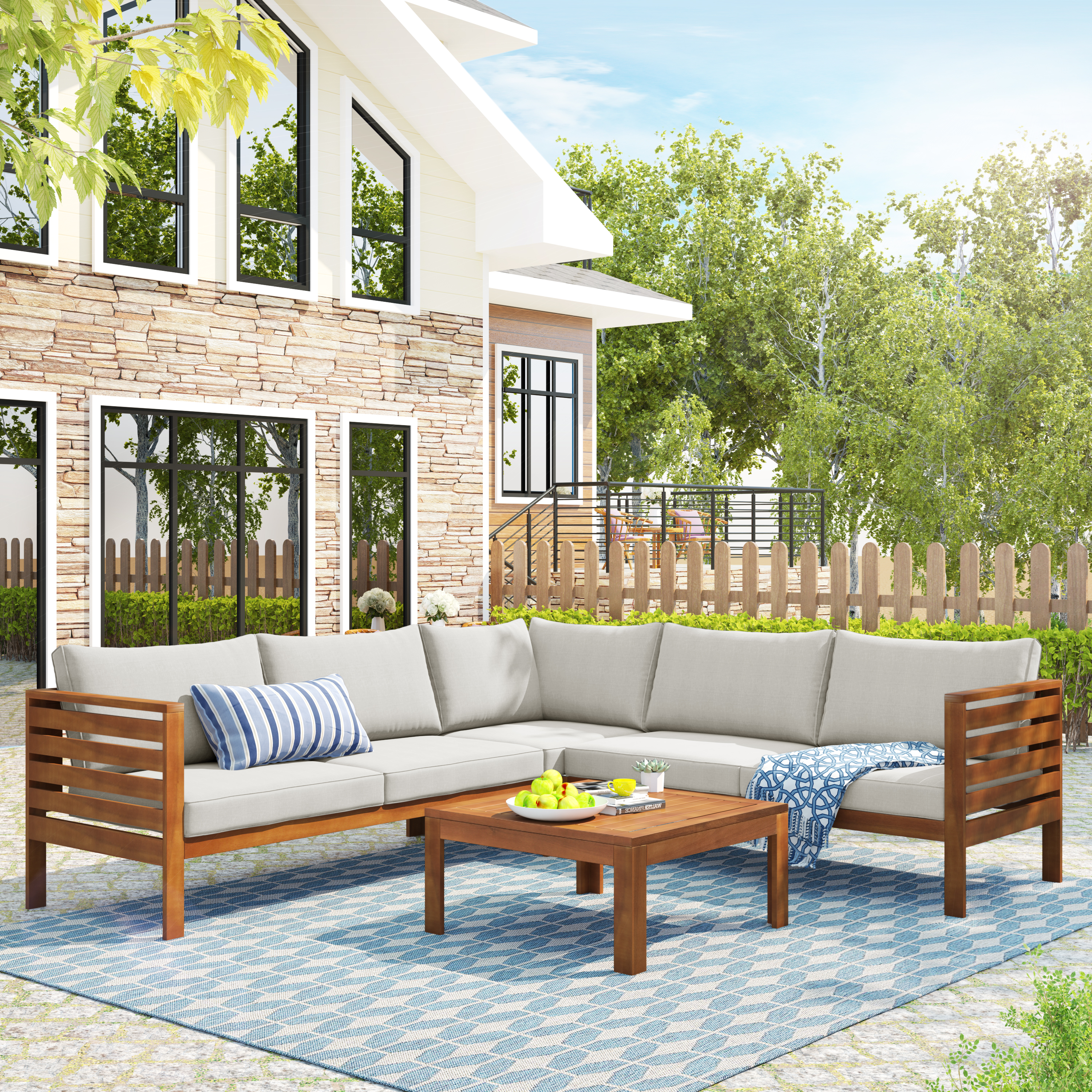 Sofa extérieur bois acacia coussins beige
