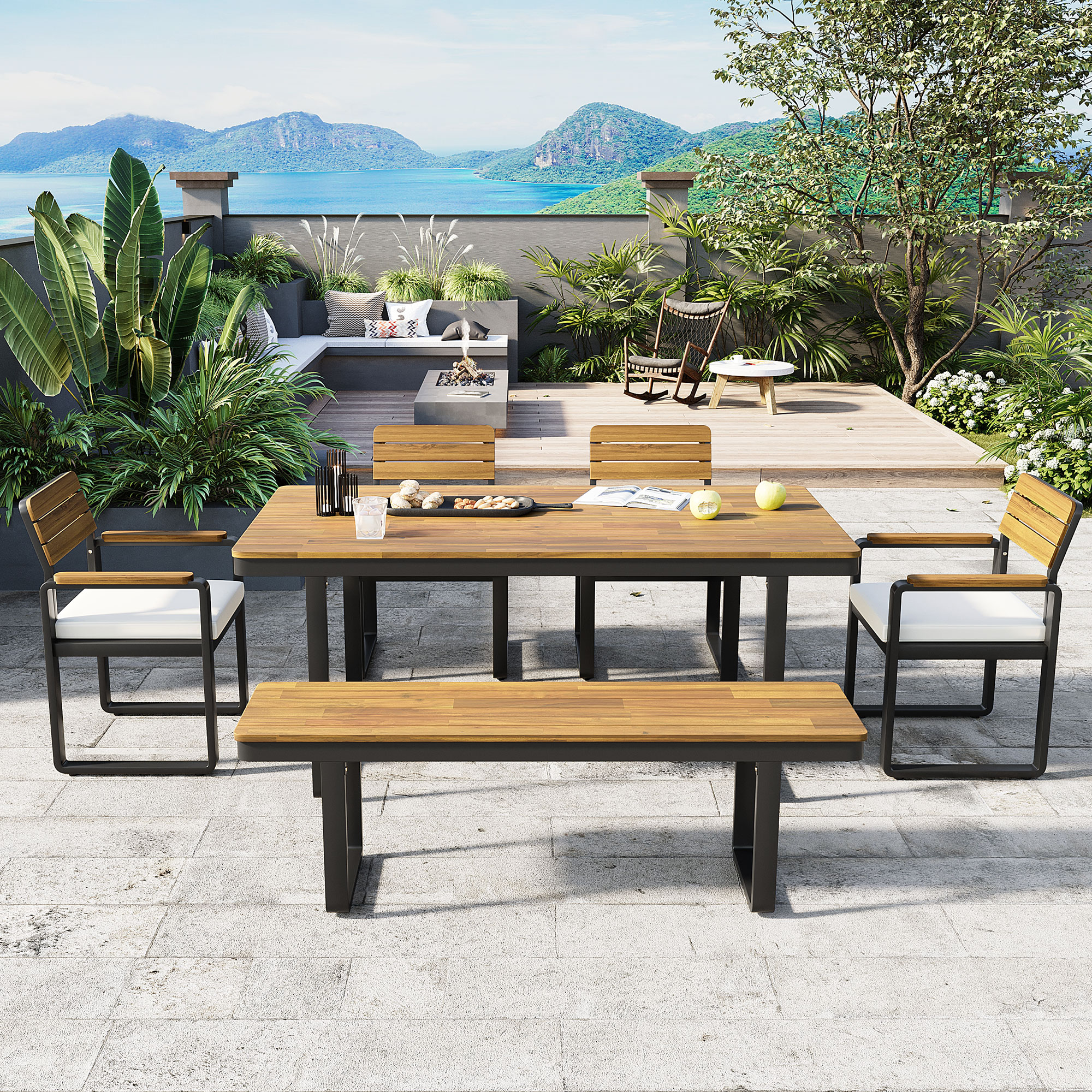 Ensemble Dîner Ext. 6 Pcs Bois Acacia Table 4 Chaises