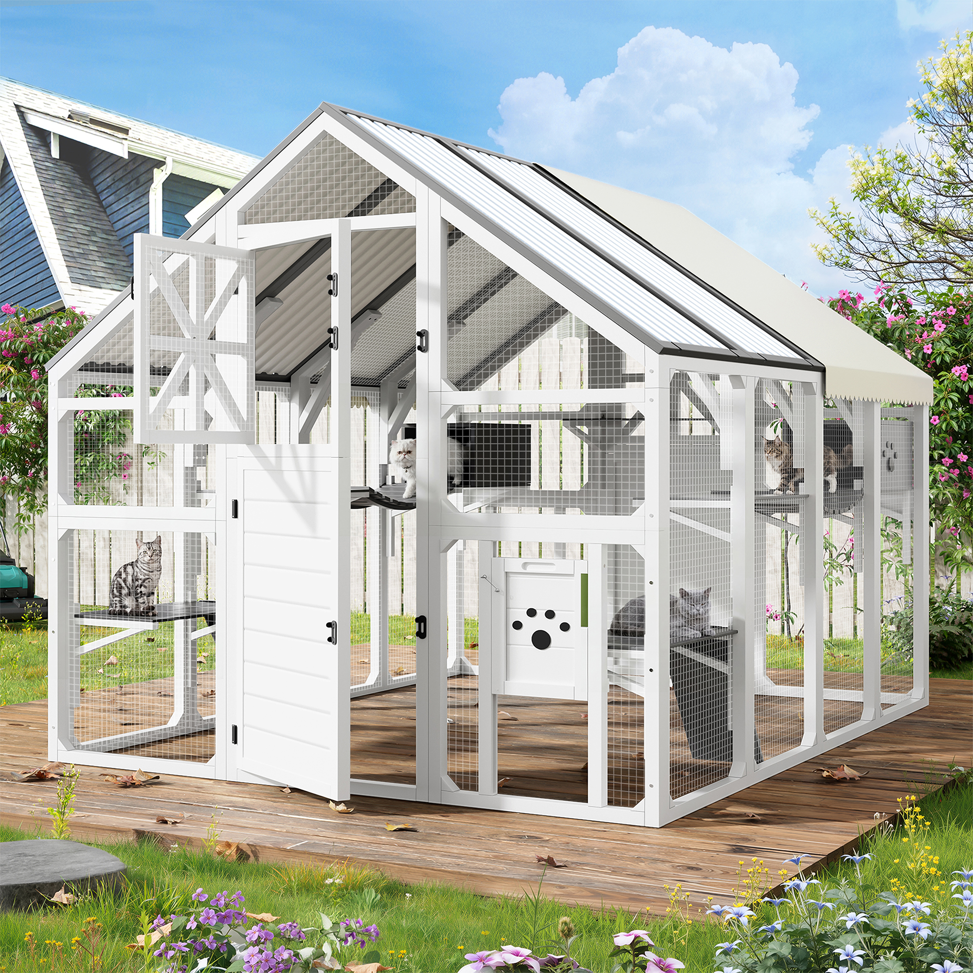 Catio extérieur large chat, maison marche, blanc/gris