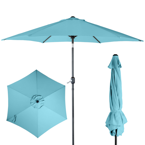 Parasol patio 9pi, bouton inclinaison, manivelle, bleu ciel