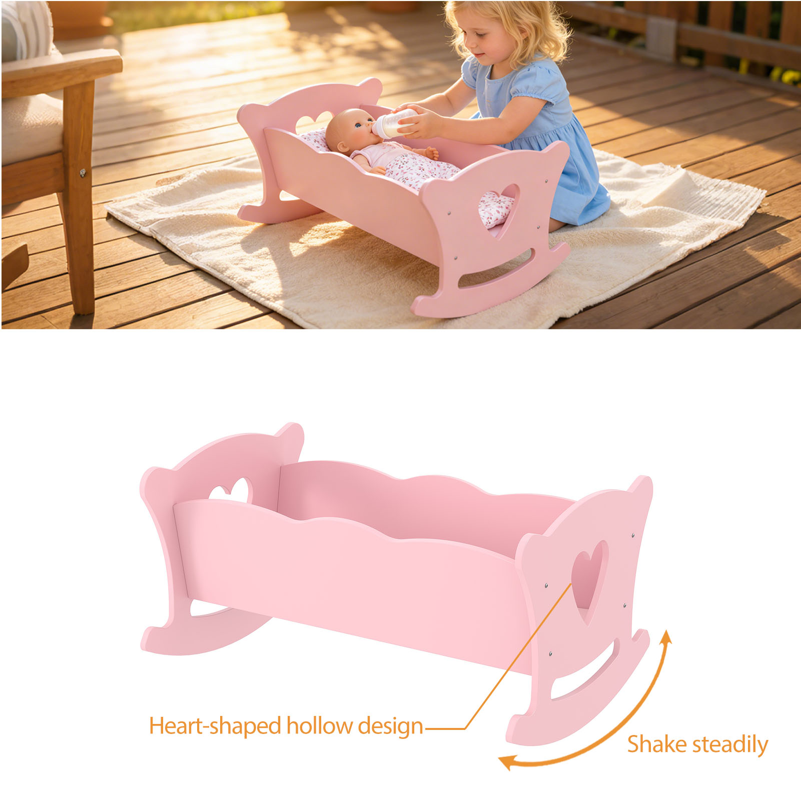 Berceau bois poupées 20po, rose, oreiller et matelas inclus