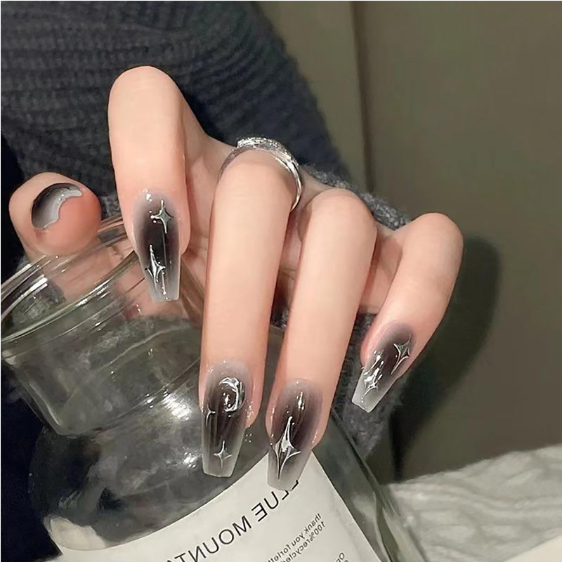 24 ongles art étoiles noir argent