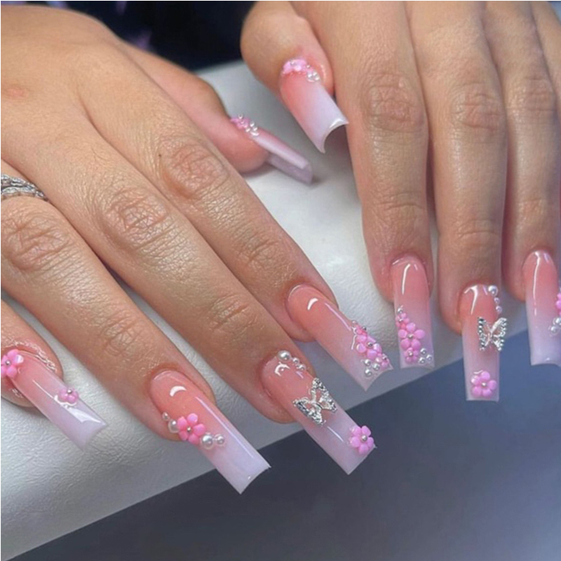 24 ongles art diamants fleurs papillon