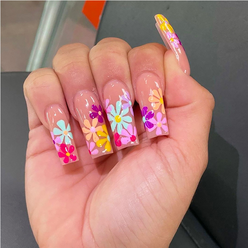 24 ongles art fleurs longs plats