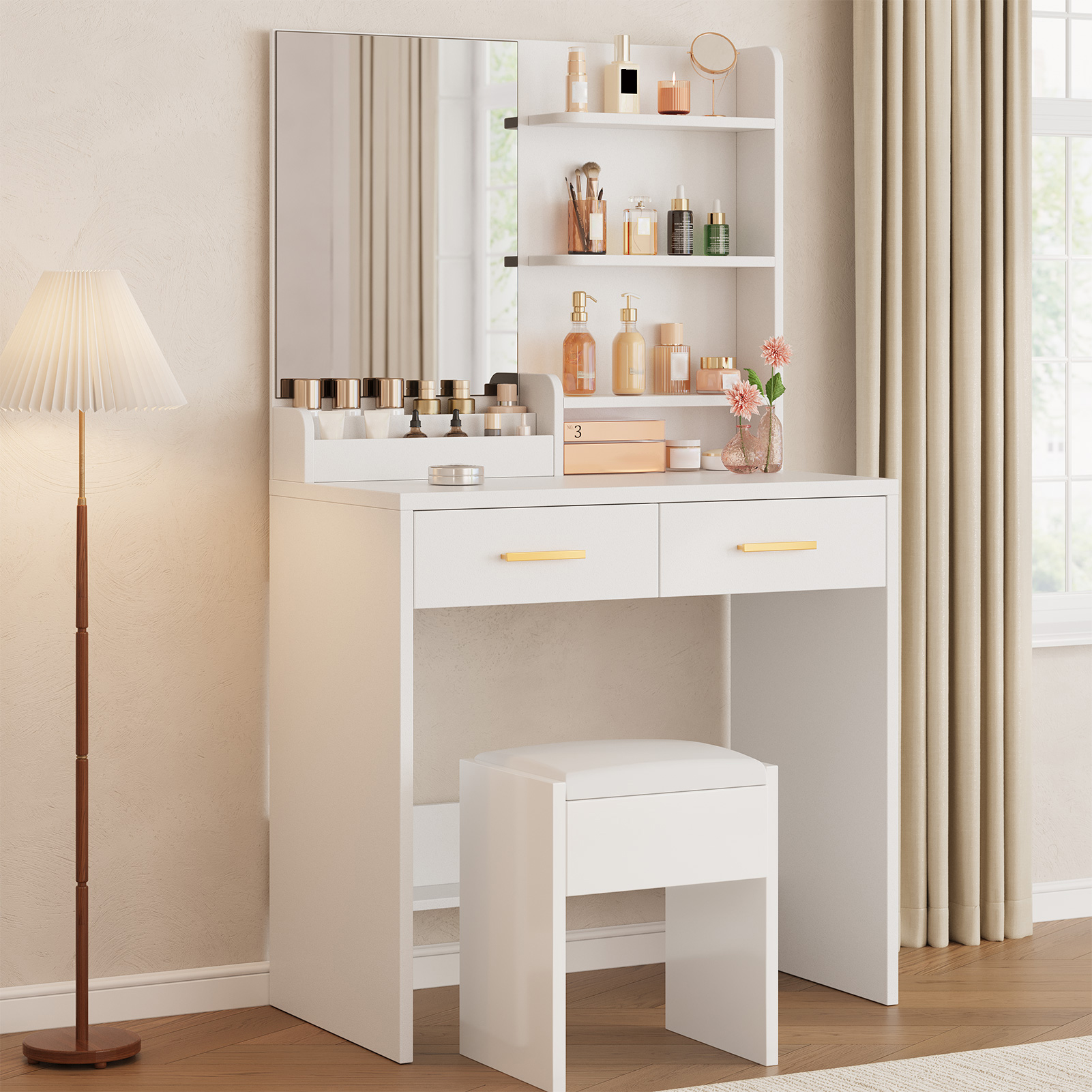 Table vanité miroir 2 tiroirs 3 tablettes blanche maquillage