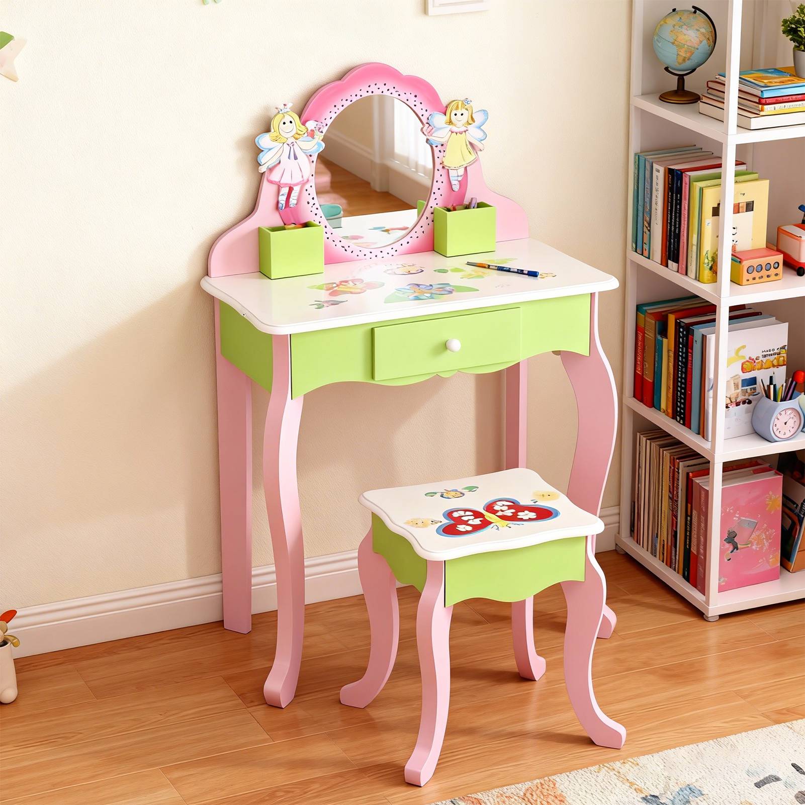 Ensemble vanité enfants, miroir, tiroir, design fée