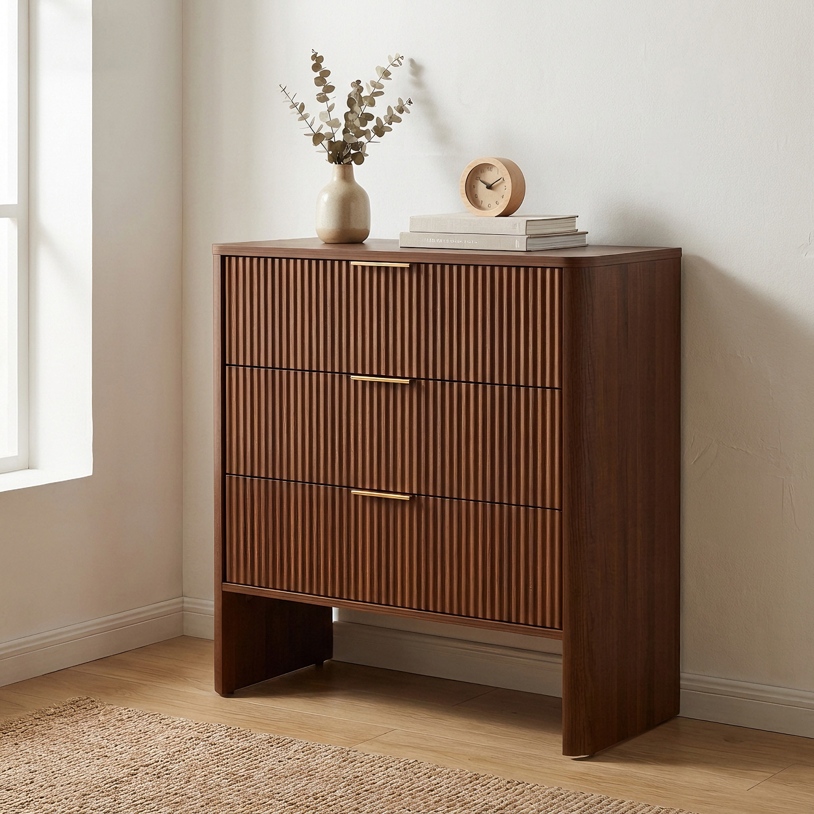 Armoire bois 3 tiroirs motif ondulé noyer table toilette