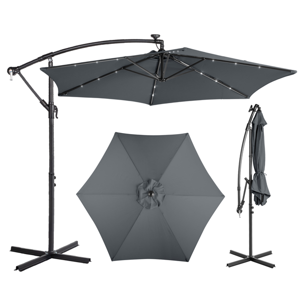 Parasol banane 10FT, 18 LED, 6 nervures, gris