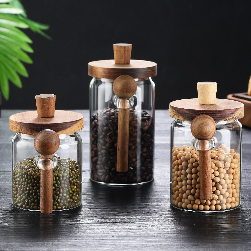 Pots à café verre avec cuillères, pots à bonbons, pots de rangement