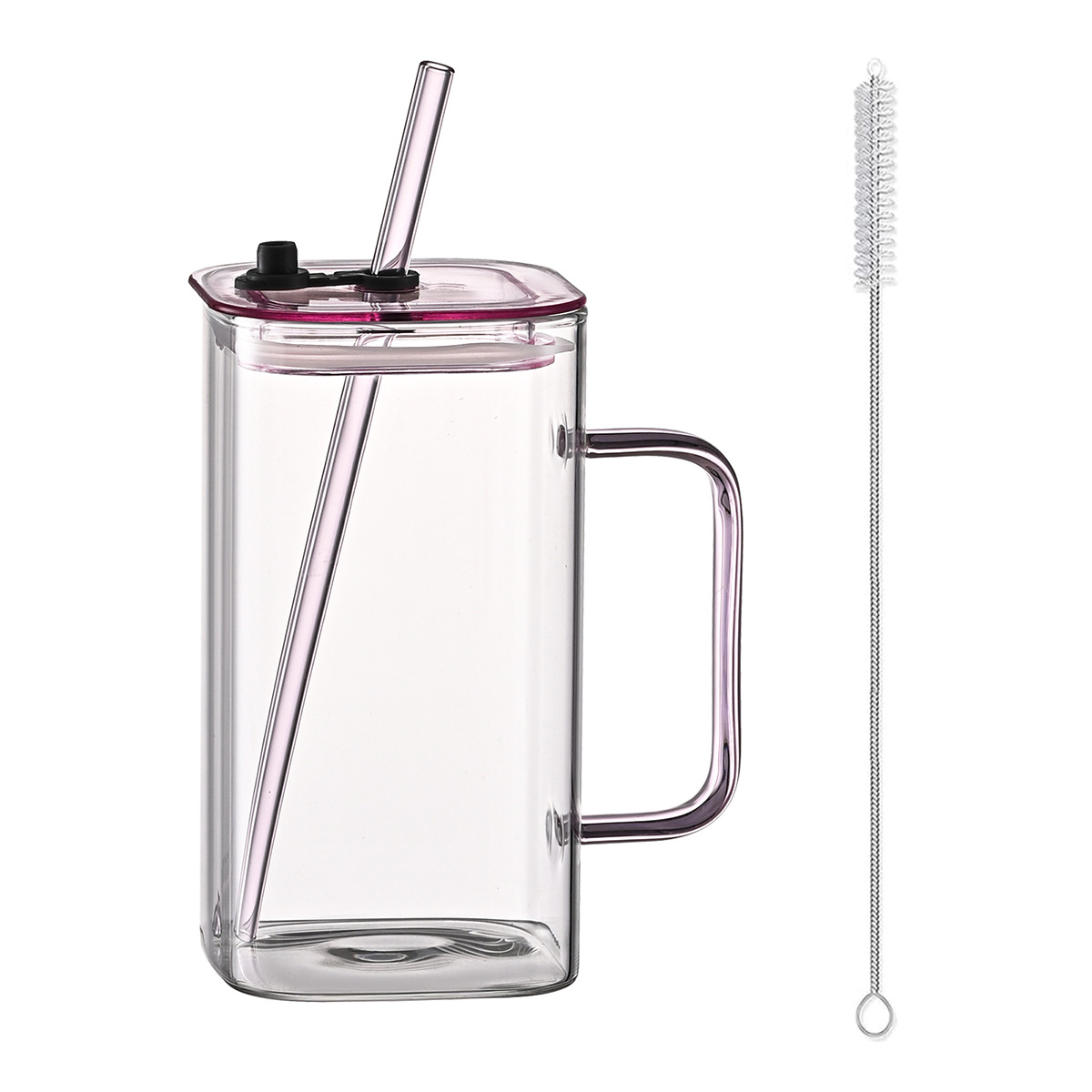 1 verre rose avec paille, verre borosilicaté haut