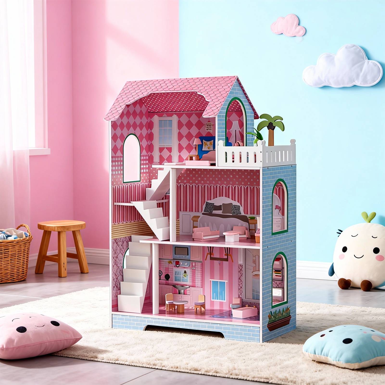 Maison de poupée 3 étages en bois avec accessoires