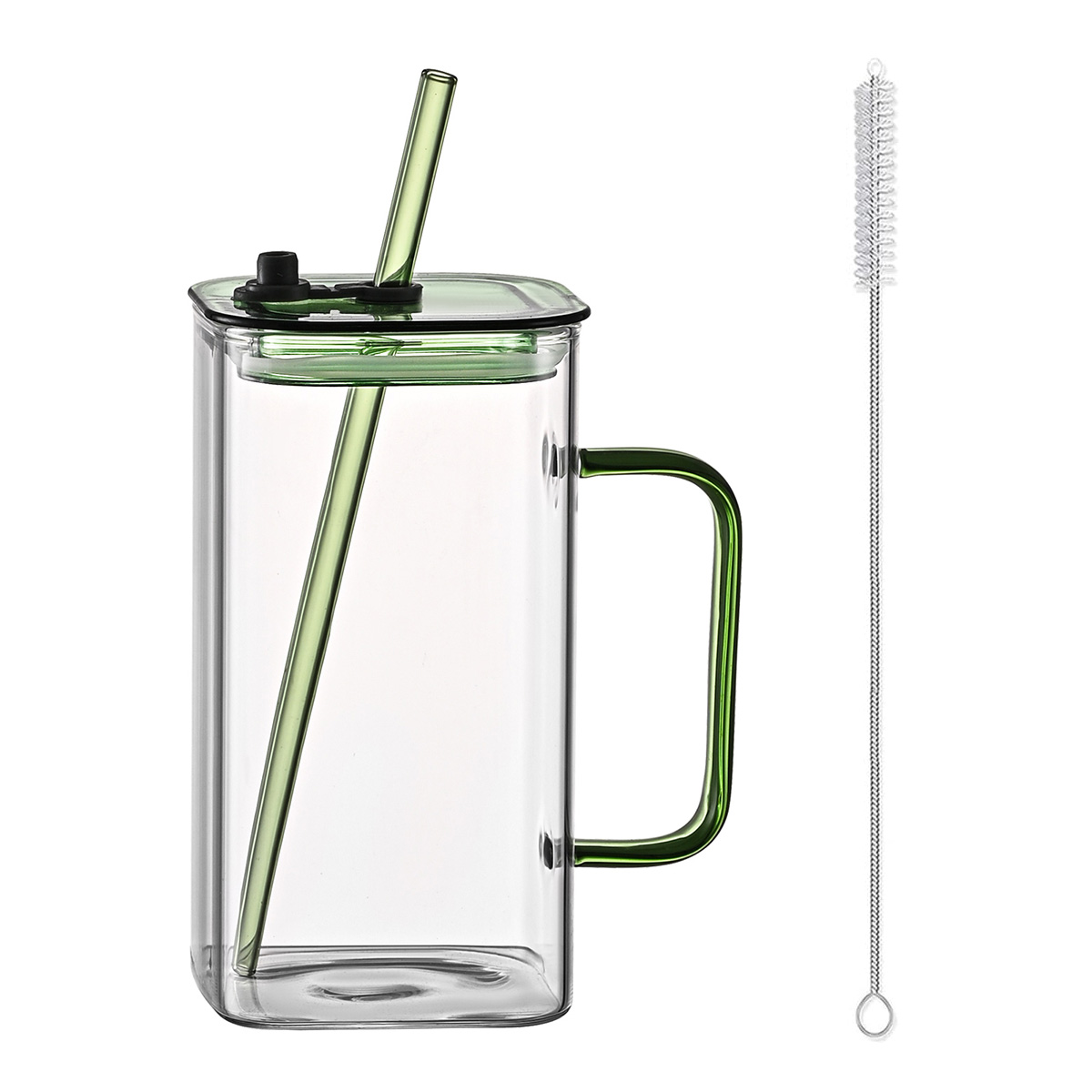 1 verre vert avec paille, verre borosilicaté haut