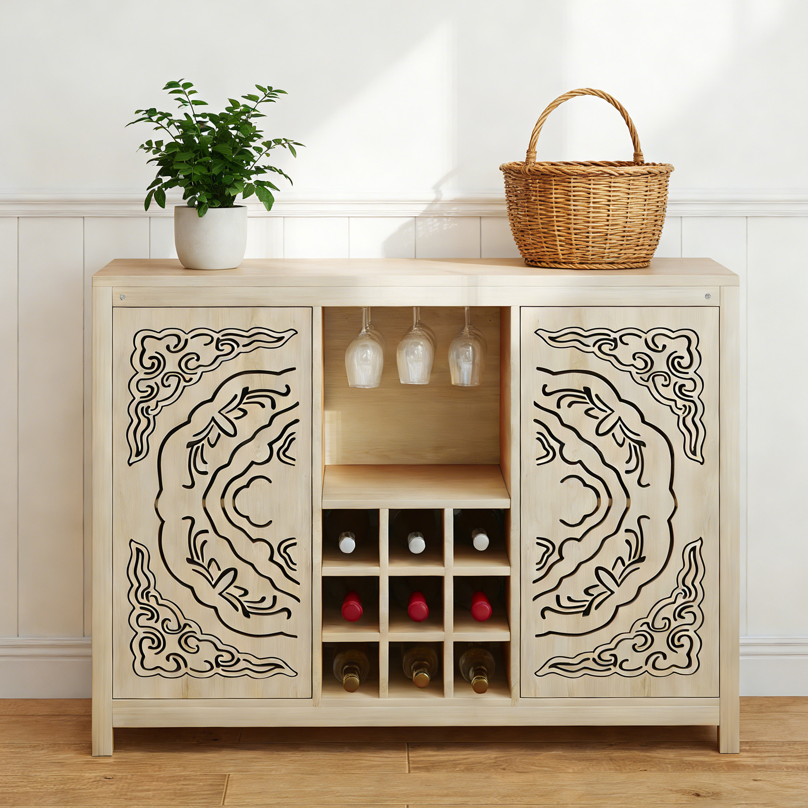 Meuble bar 2 portes, rangement, support verres, salle à manger