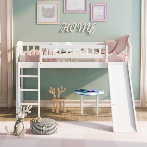 Lit mezzanine jumeau blanc avec toboggan et échelle