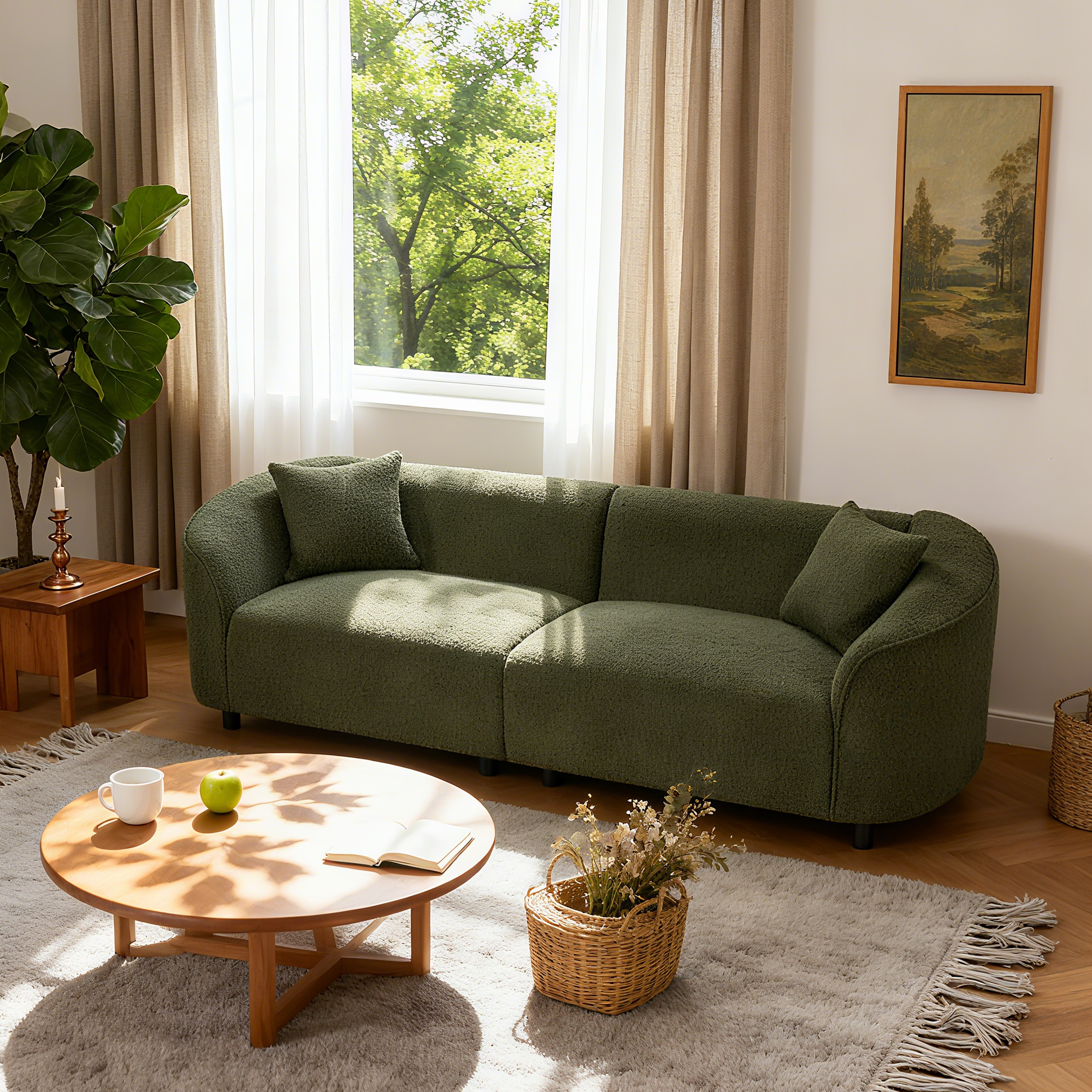 Canapé contemporain incurvé 87" velours vert design épuré