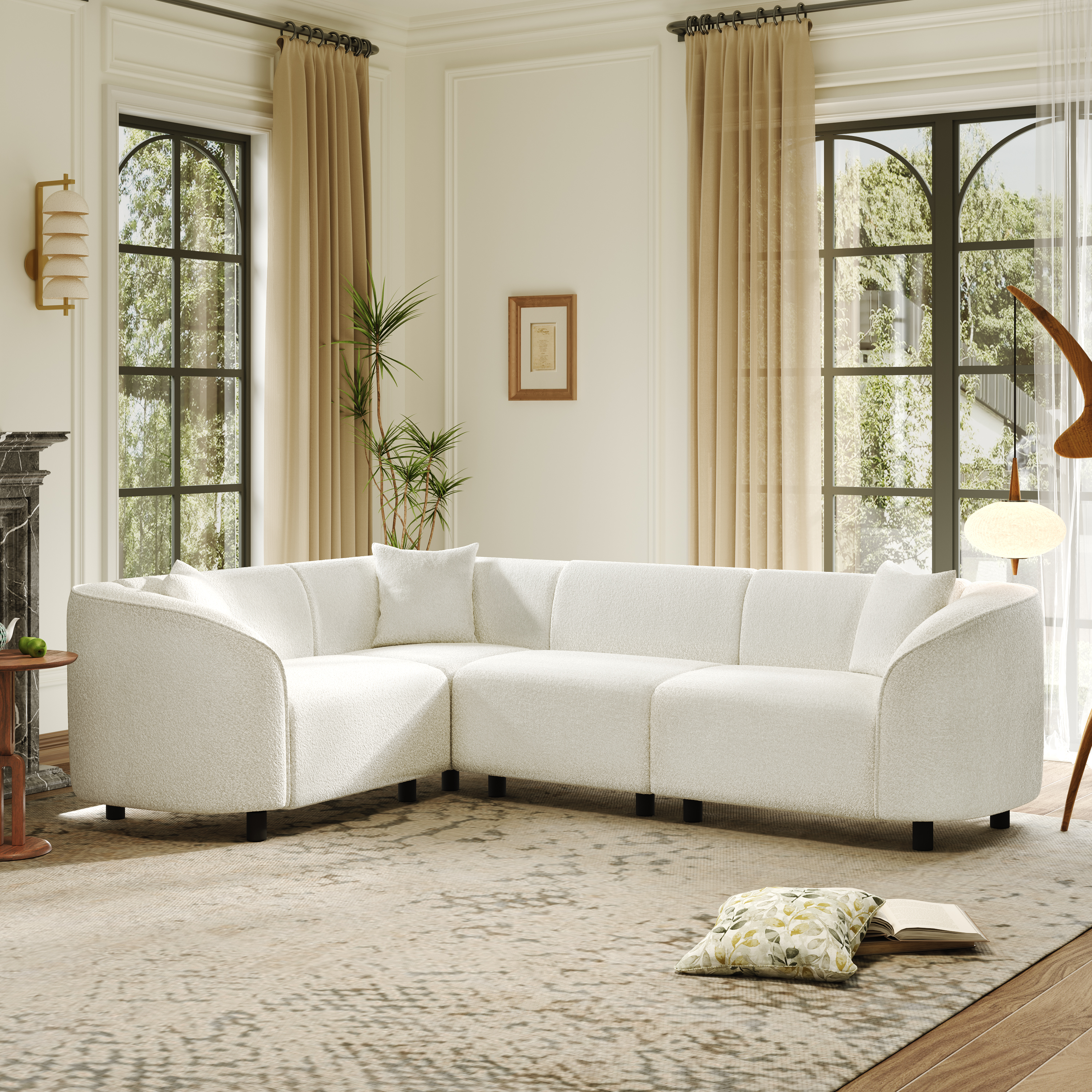 Sofa sectionnel courbe 104po beige, 4 places, bouclé luxe, design contemporain