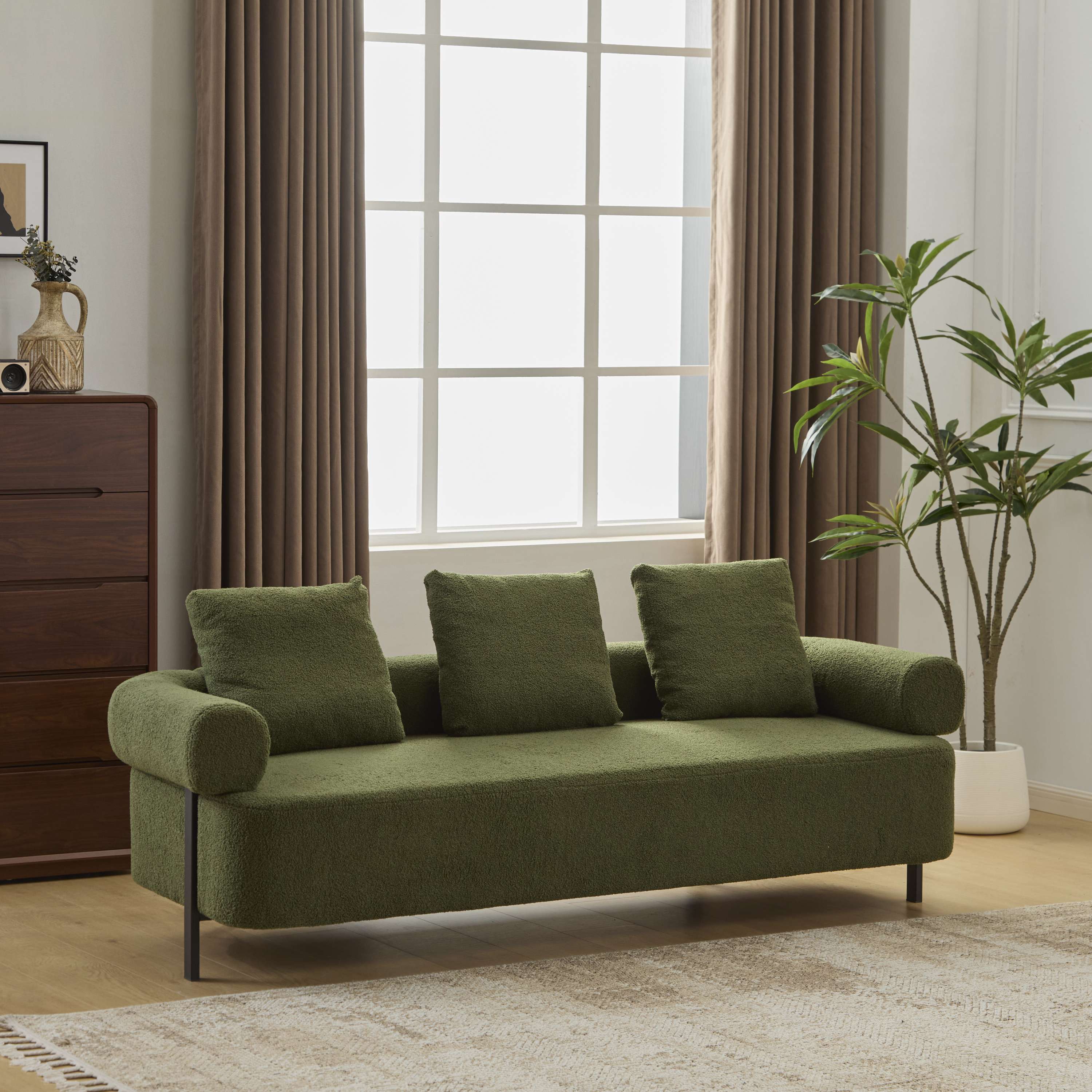 Sofa 3 places vert 78po, canapé confortable, 3 coussins