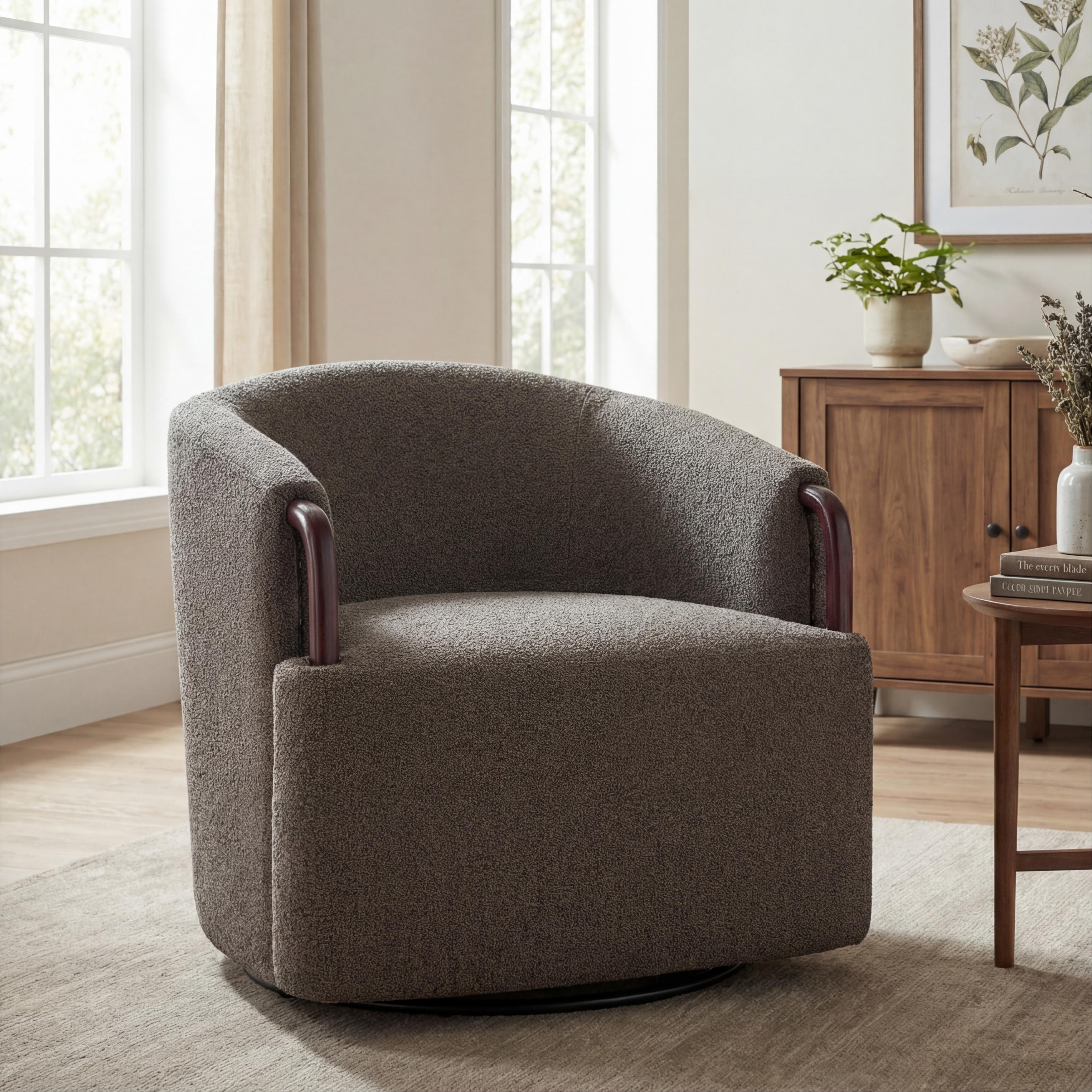 Fauteuil tonneau boucle 30", base pivotante 360°, bois