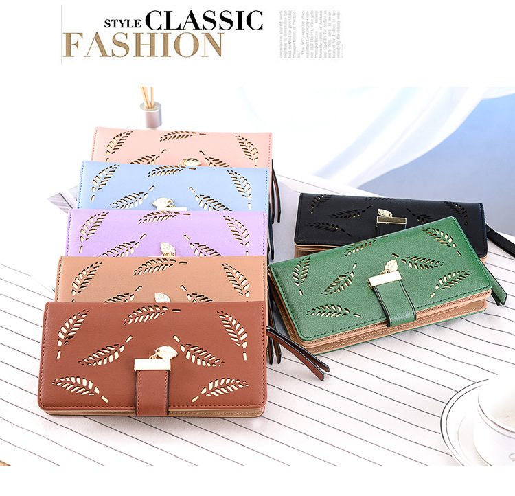 Portefeuille long femme design feuille ajourée avec fermeture éclair