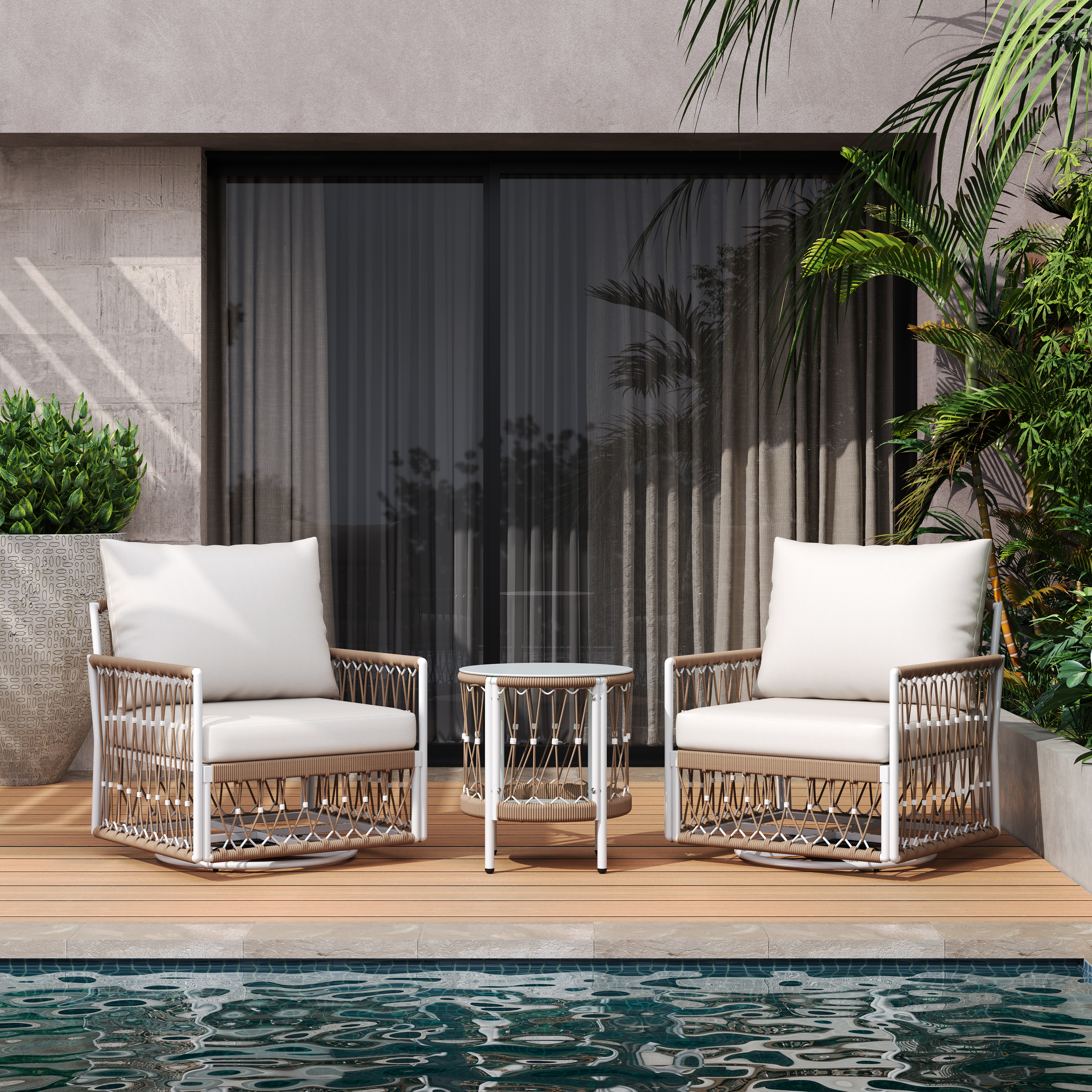 Ensemble patio 3pcs 2 fauteuils table verre