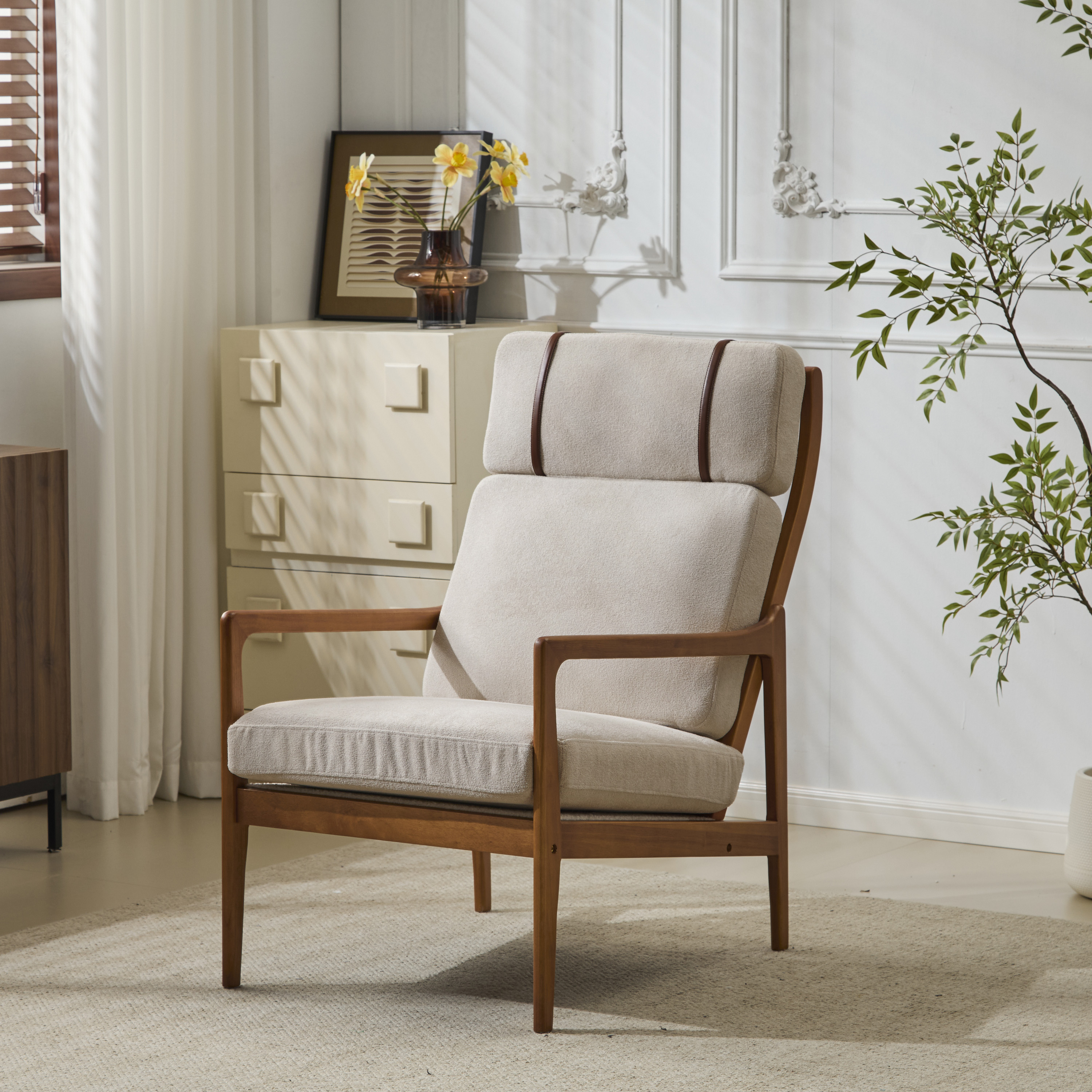 Fauteuil mid-century dossier haut, gris clair