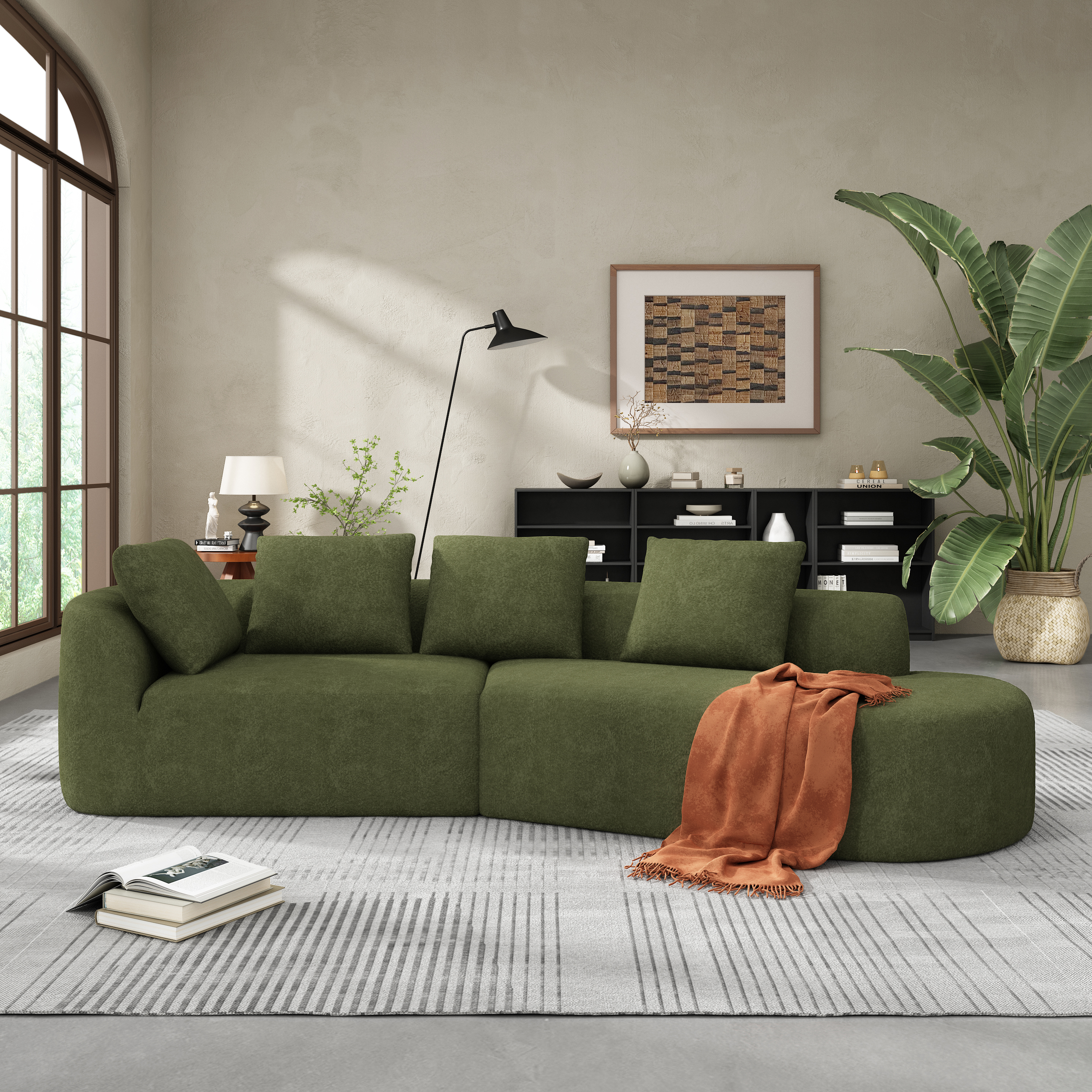 Sofa sectionnel courbe 116po, mousse comprimée, perle 2 pièces moderne