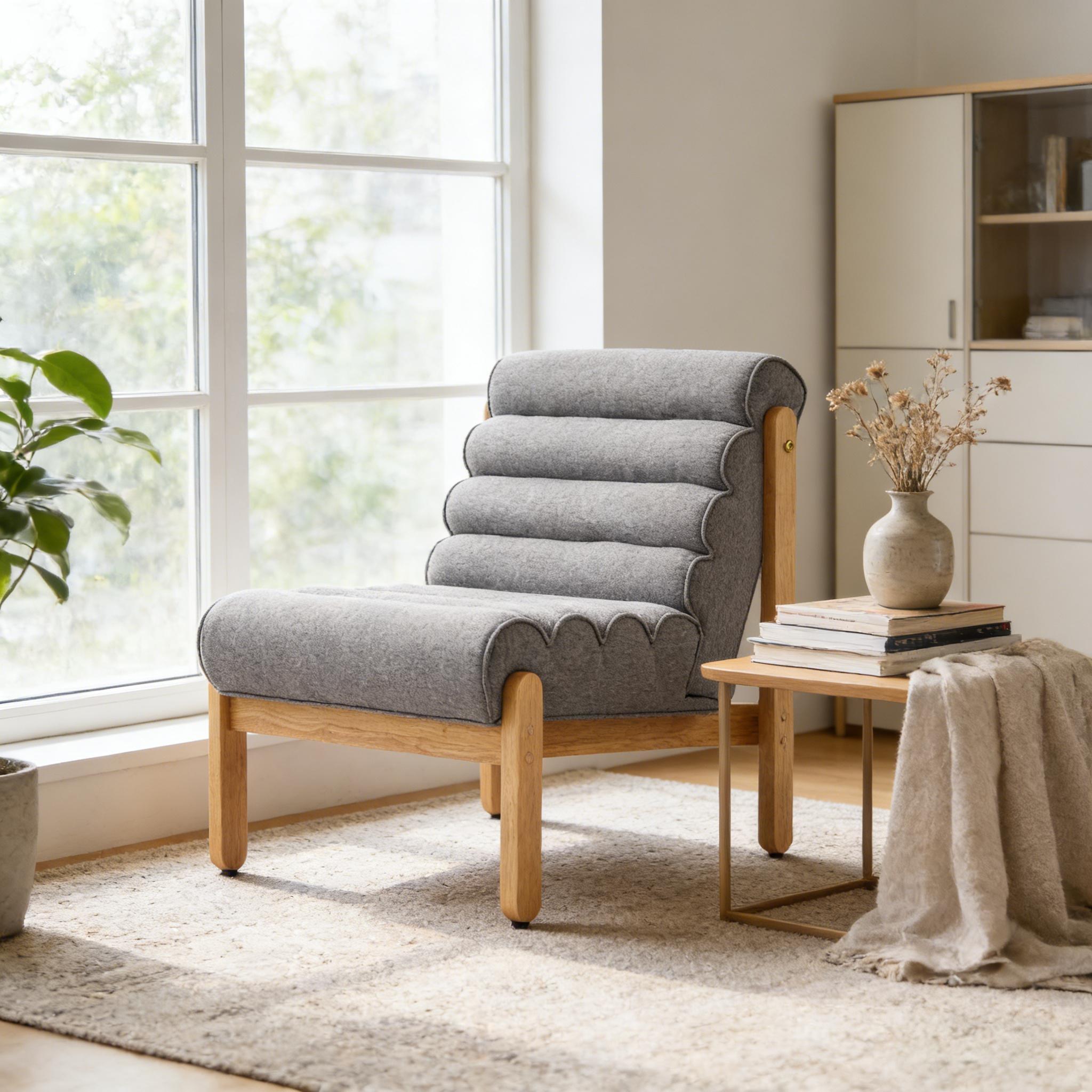 Fauteuil accent peluche gris avec cadre bois naturel