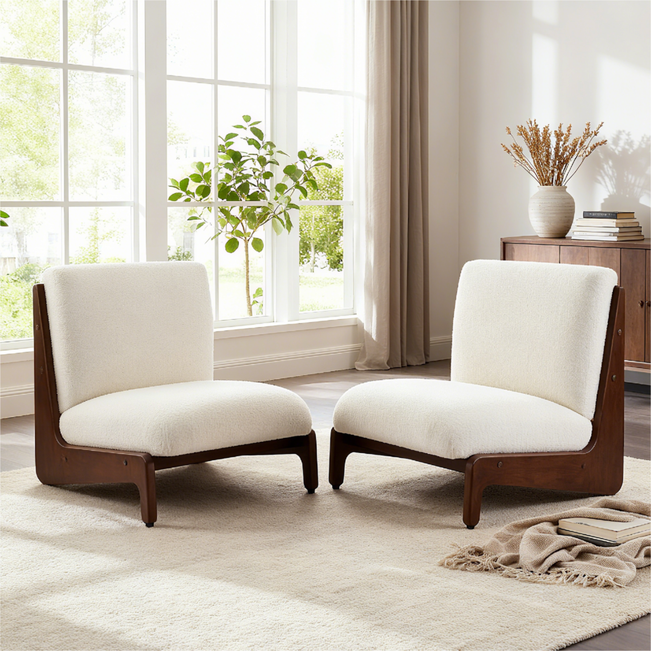 Ens. 2 fauteuils Living Moda blanc, cadre noyer massif